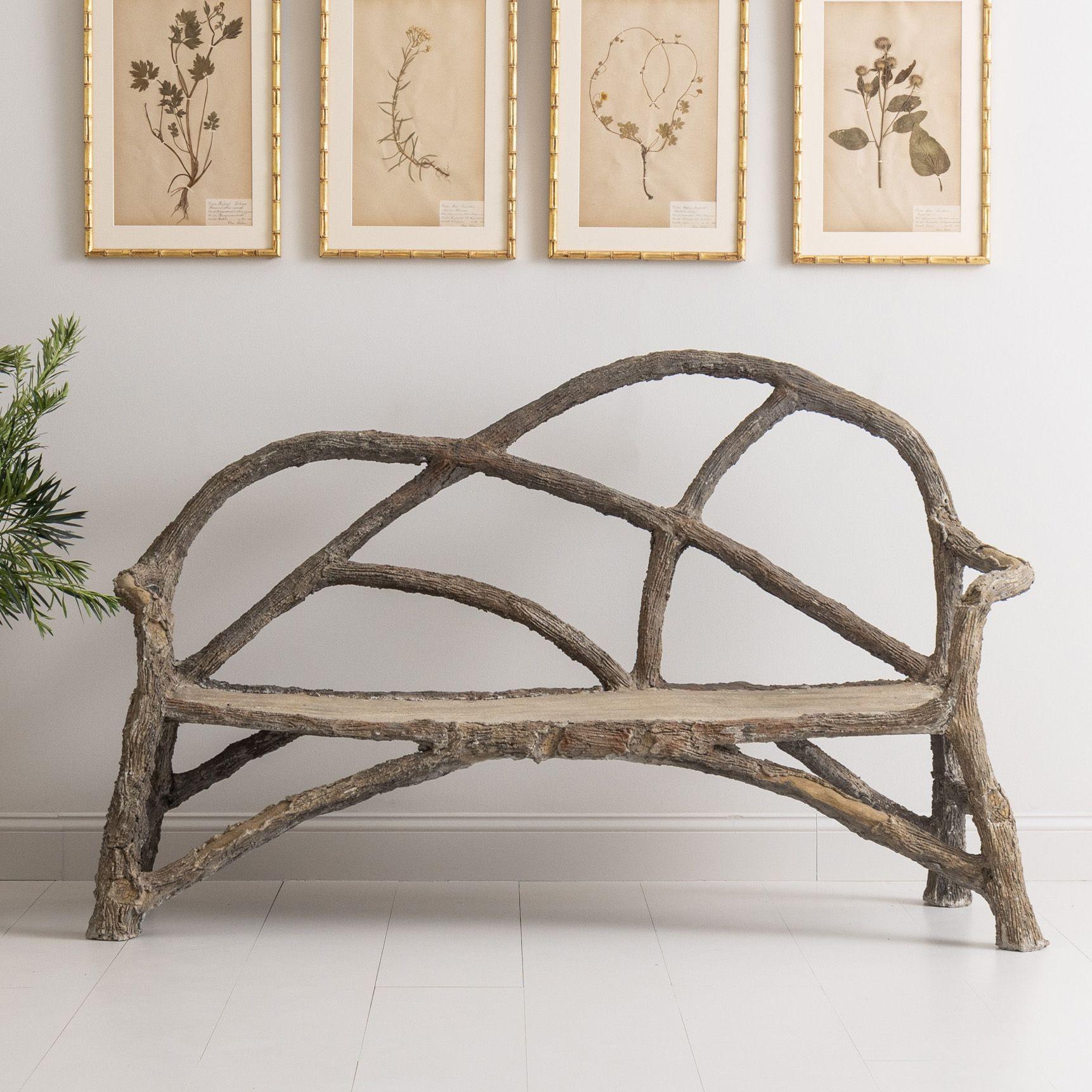 Hand-Carved French Faux Bois Concrete Garden Bench