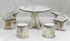 French Faux Bois Garden Set, Table, Benches and Stools C1960
