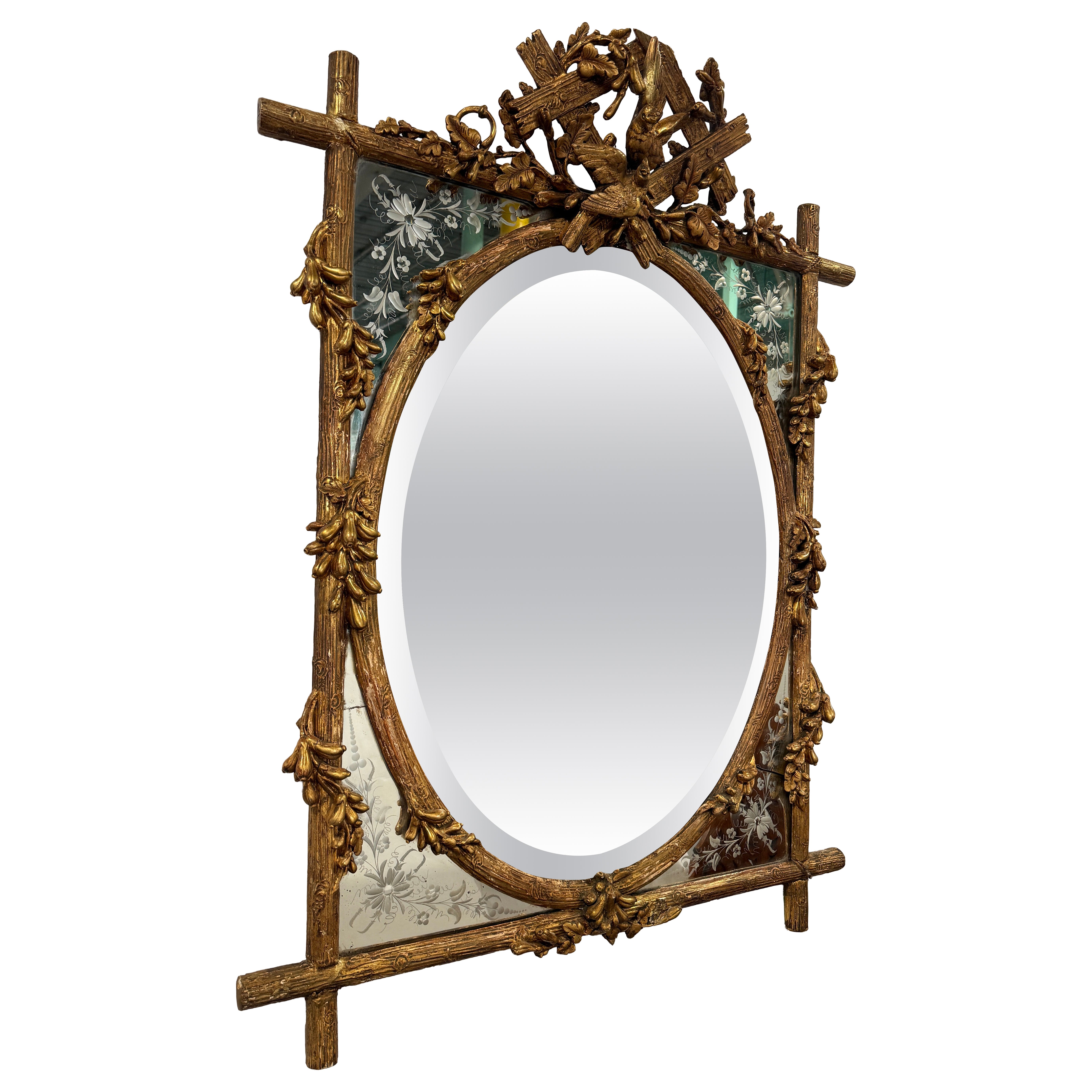 French Faux Bois Giltwood Mirror With Murano-Etched Glass, Late 19th Century