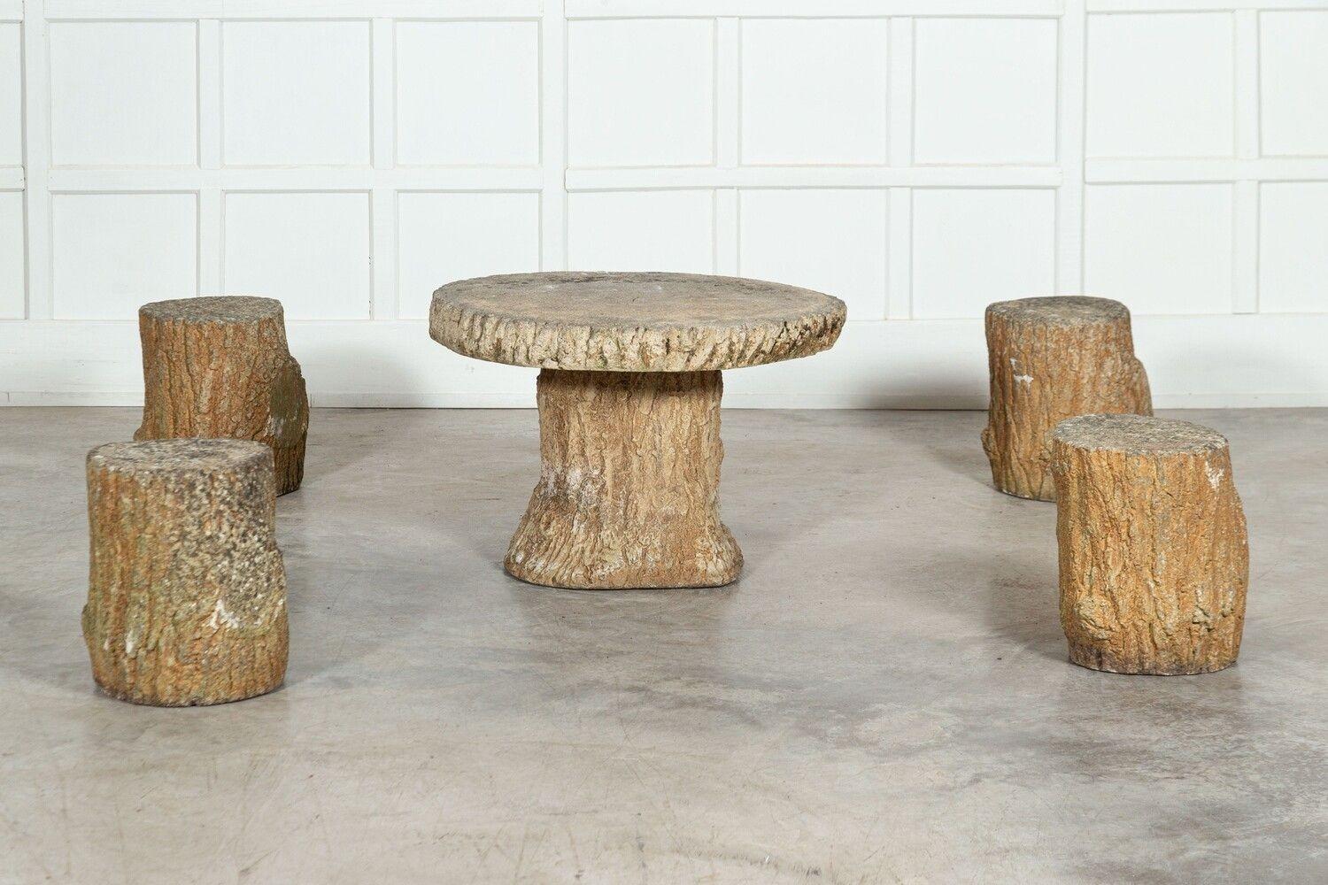 circa Mid 20thC
French Faux Bois Stone Compostion Garden Table & Stools Set
sku 1555
Table W75 x D78 x H52 cm
Stools W32 x D29 x H38 cm