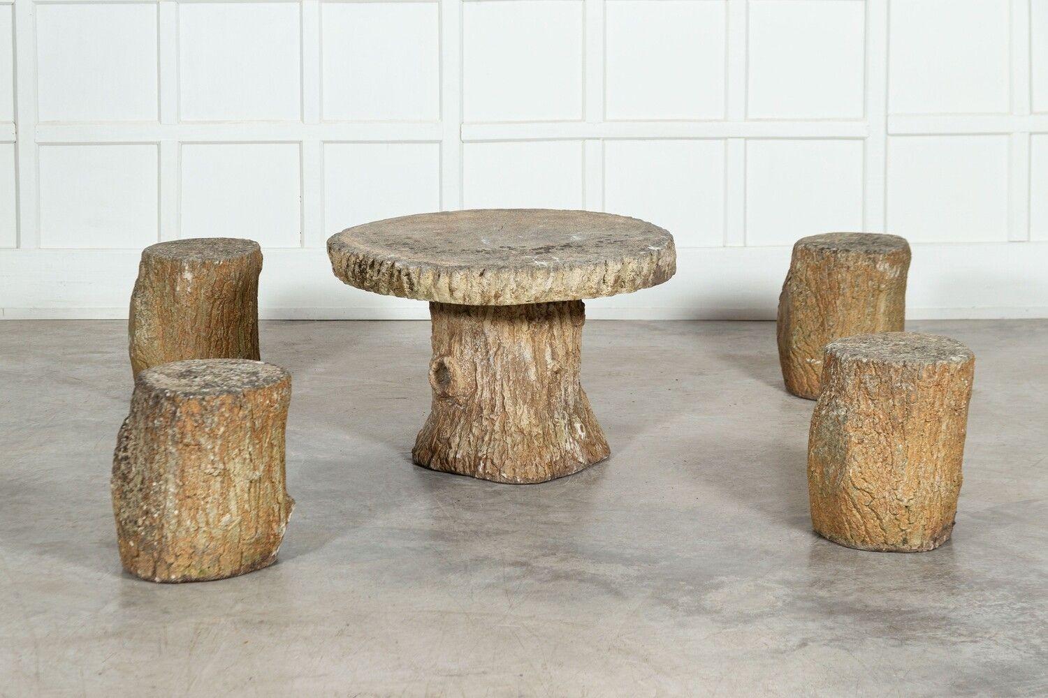 Ensemble table et tabourets de jardin en faux bois français 1