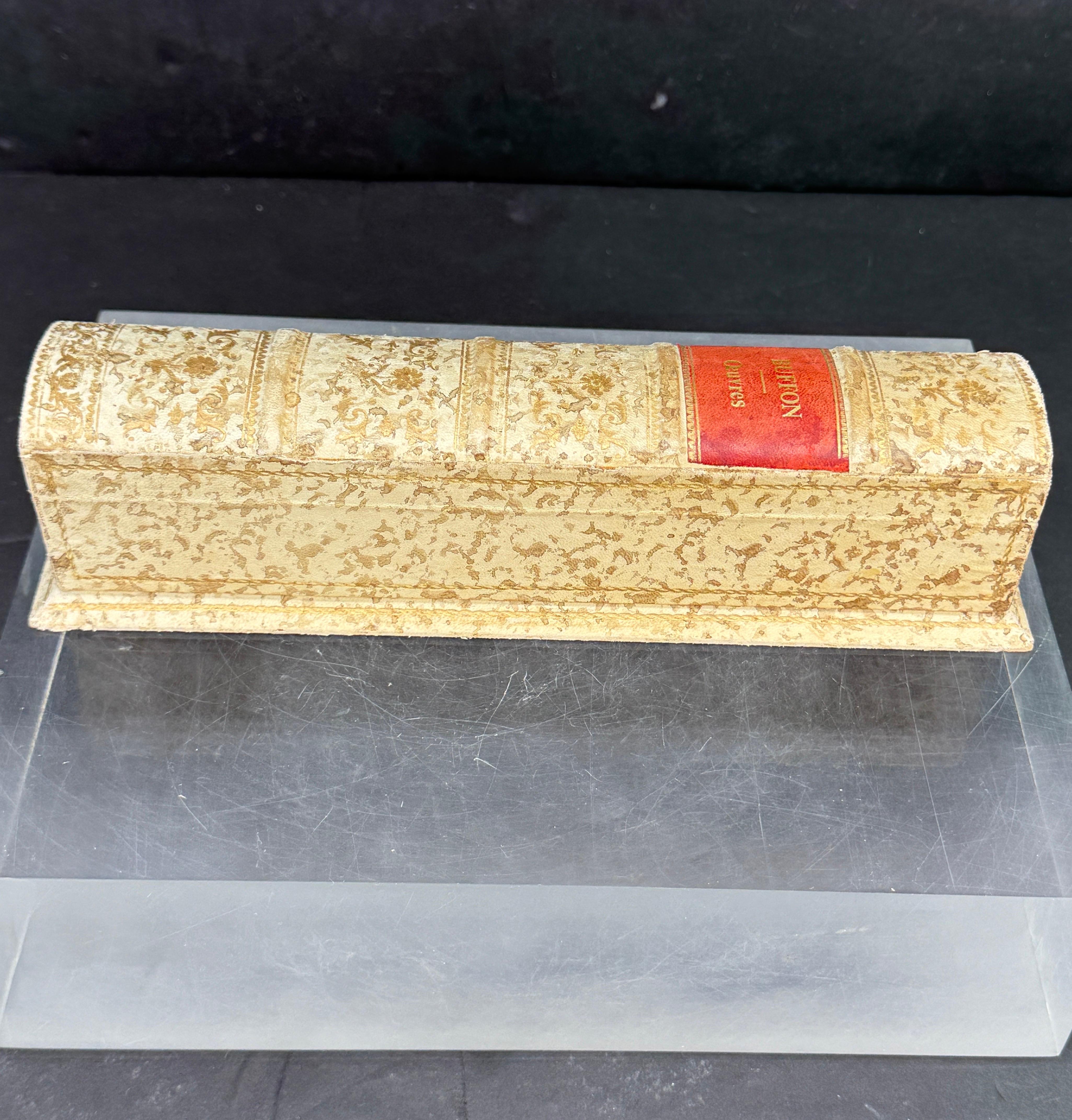 As found in Paris, a Mid-Century leather gold embossed book box featuring the title BUFFON Oeuvres. This super charming box could be used for pencils but also paint brushes, keys or trinkets. Wonderful gift for the book lover in your life. 
 