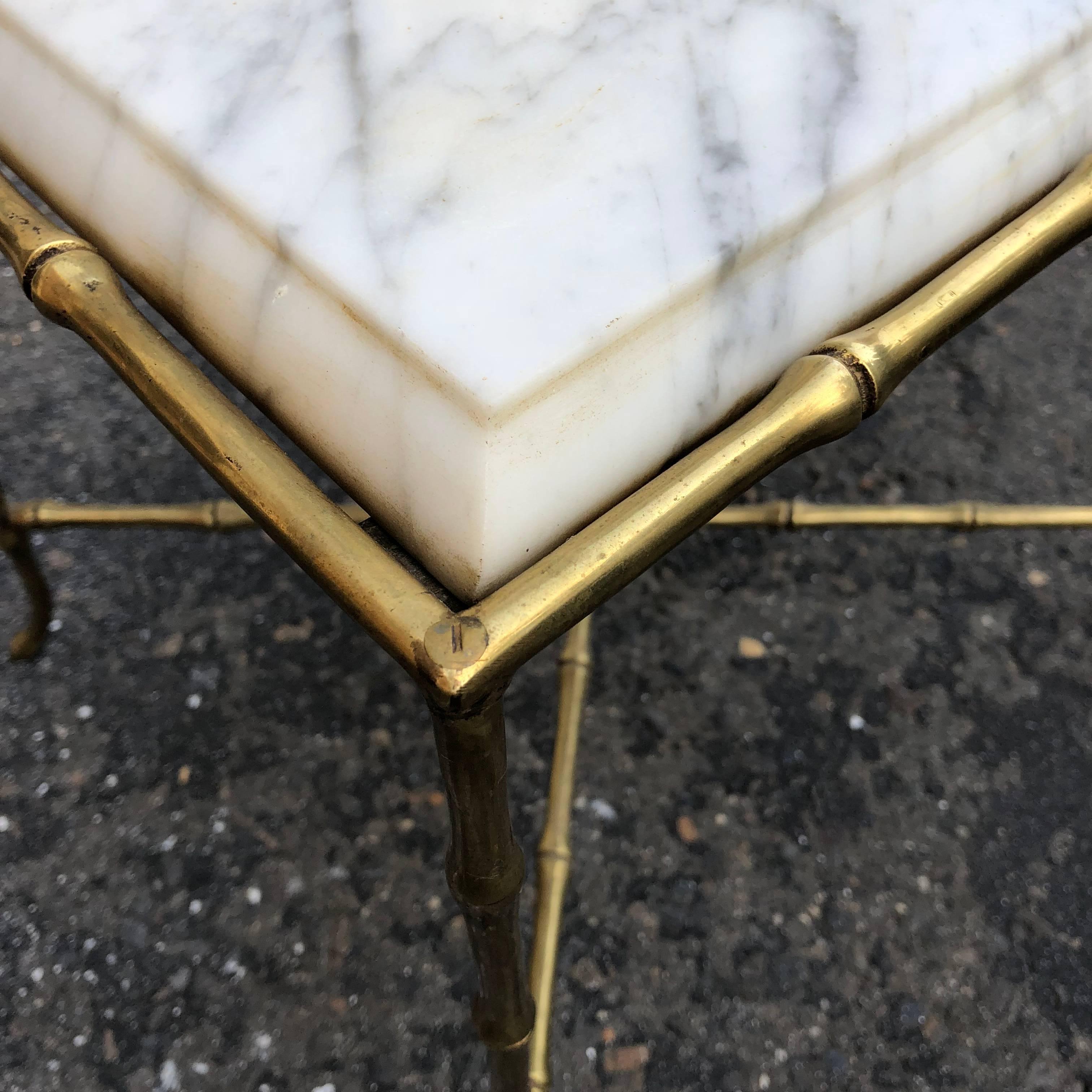 French Square Faux Bamboo Marble-Top And Brass Side Table For Sale 6