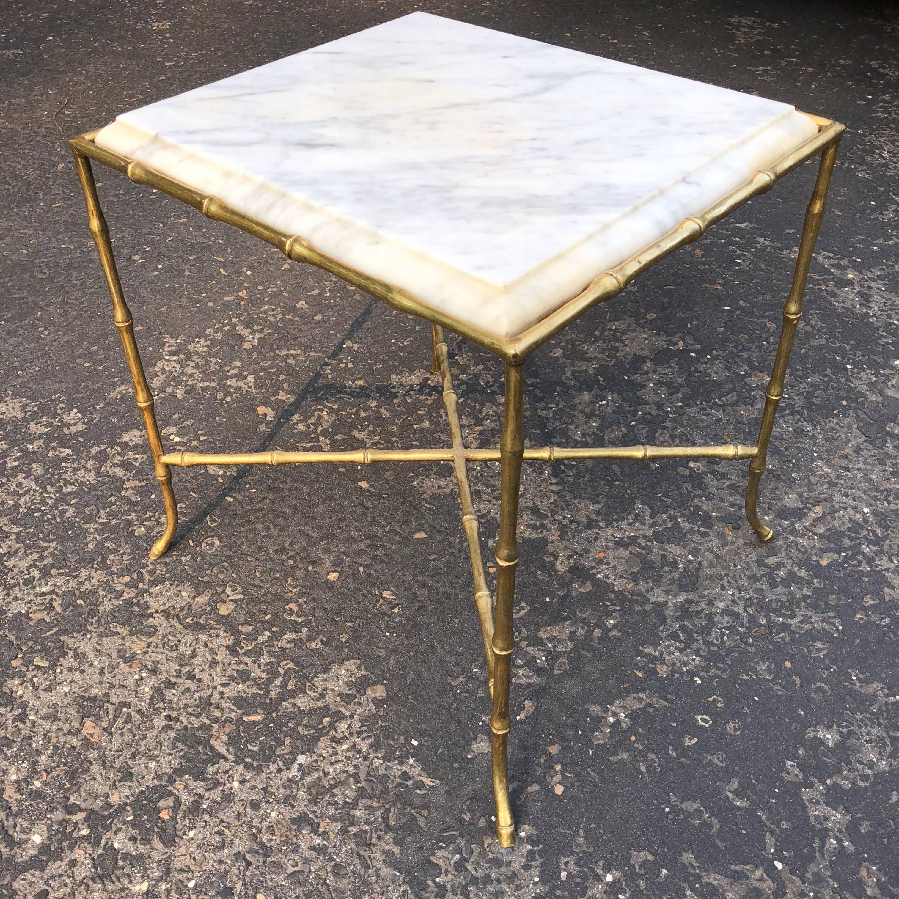 French Square Faux Bamboo Marble-Top And Brass Side Table For Sale 9