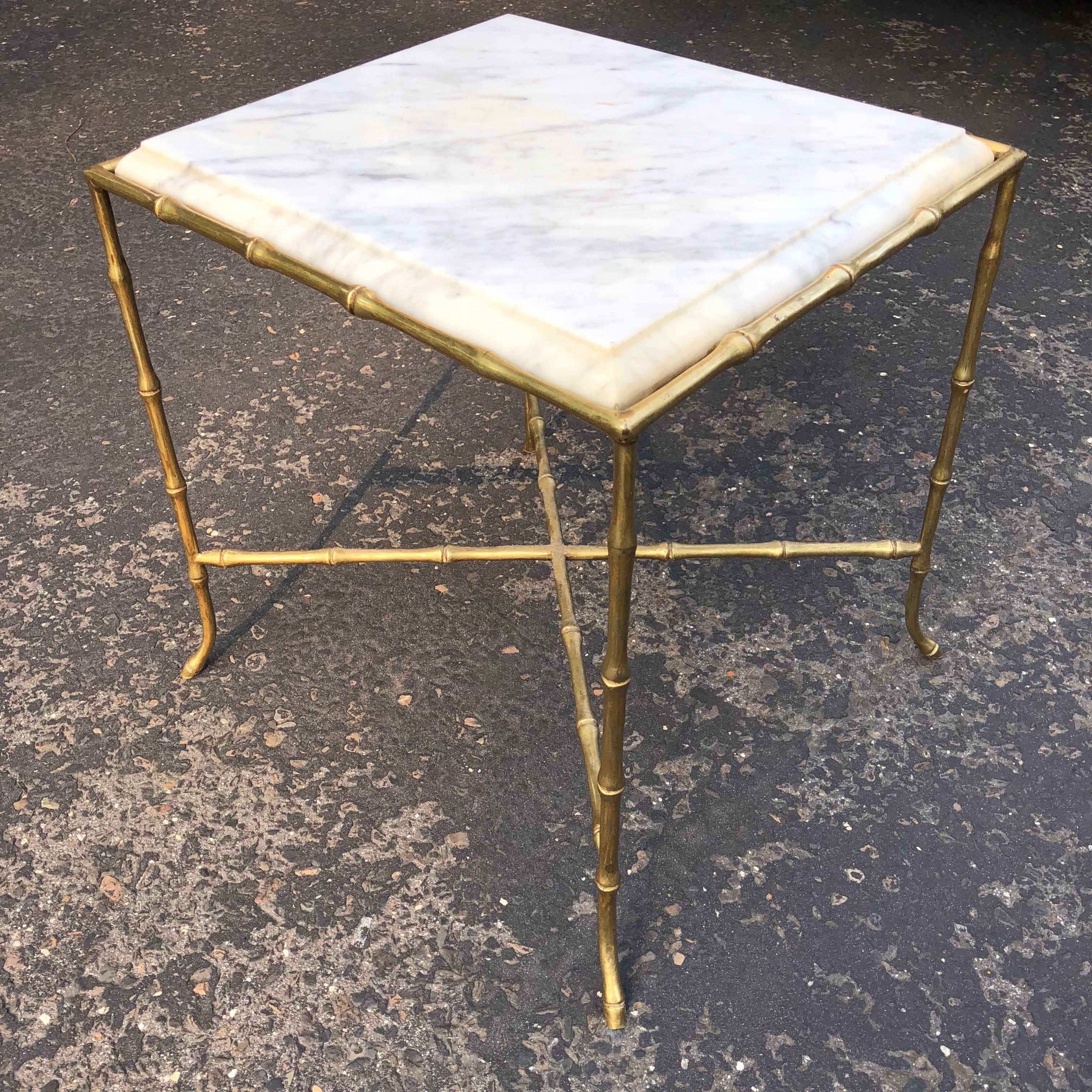 French Square Faux Bamboo Marble-Top And Brass Side Table 9