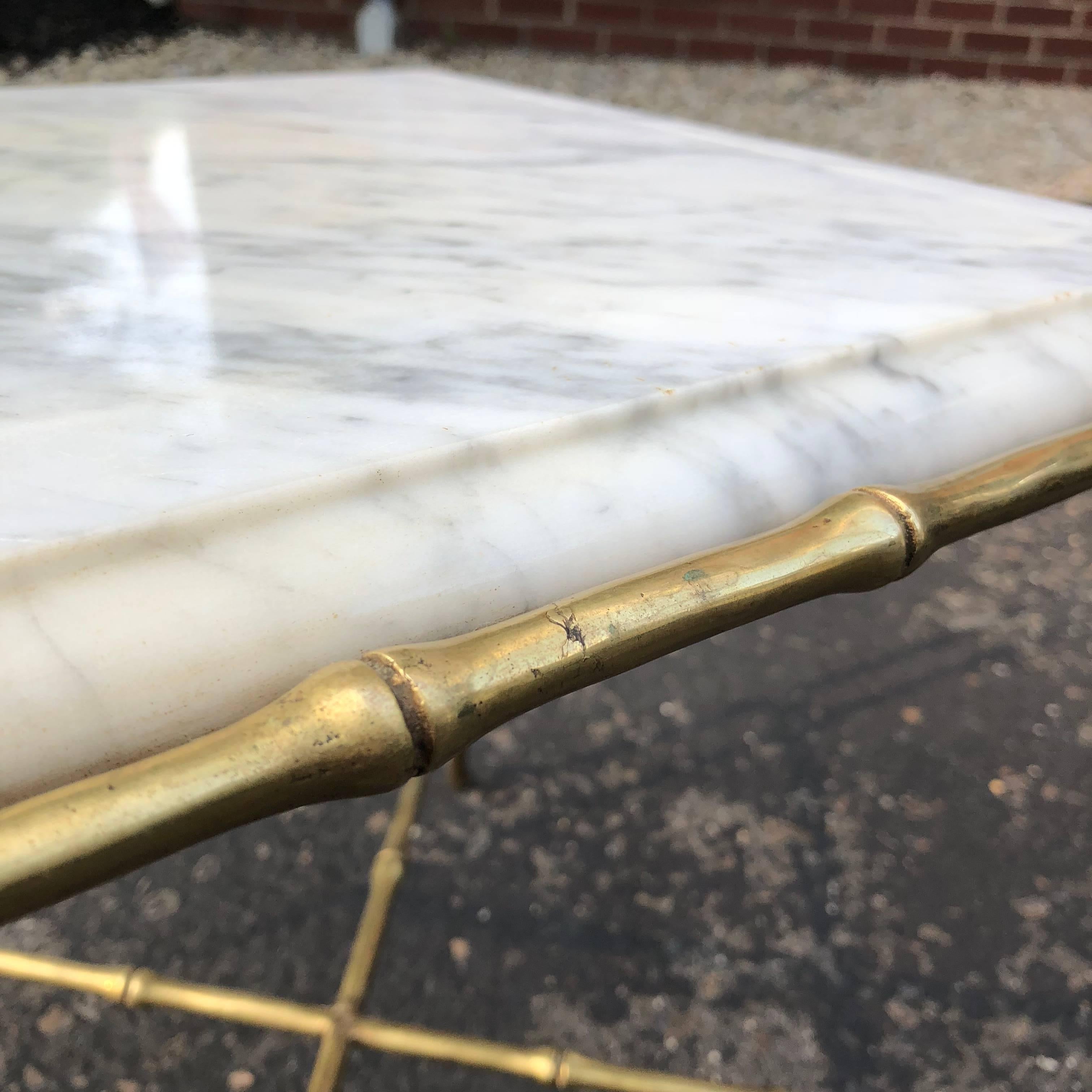 French Square Faux Bamboo Marble-Top And Brass Side Table For Sale 14