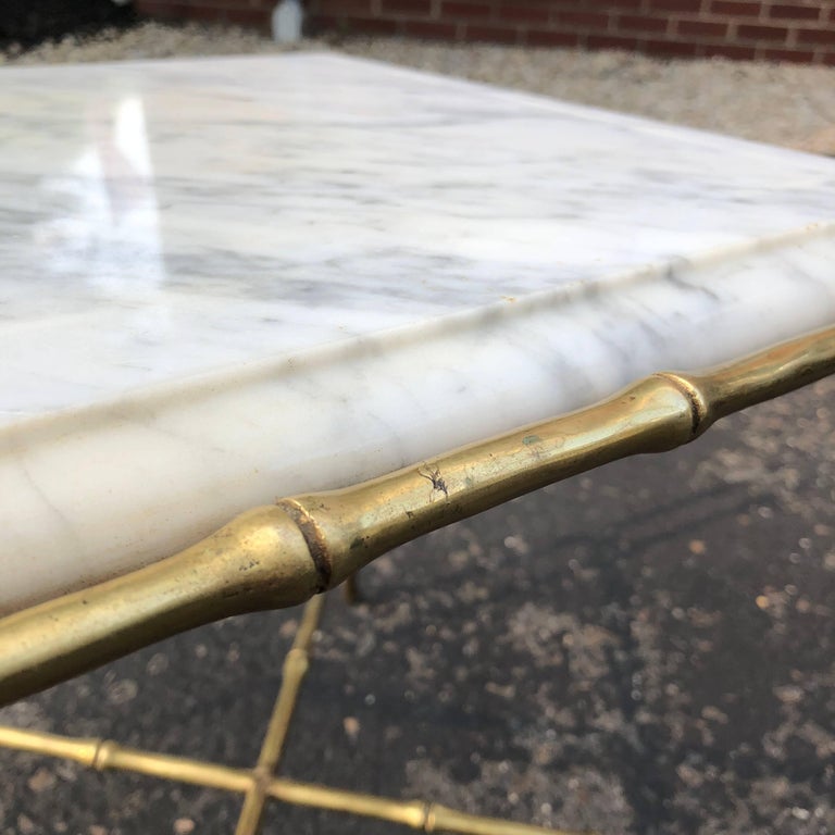 French Square Faux Bamboo Marble-Top And Brass Side Table For Sale 15