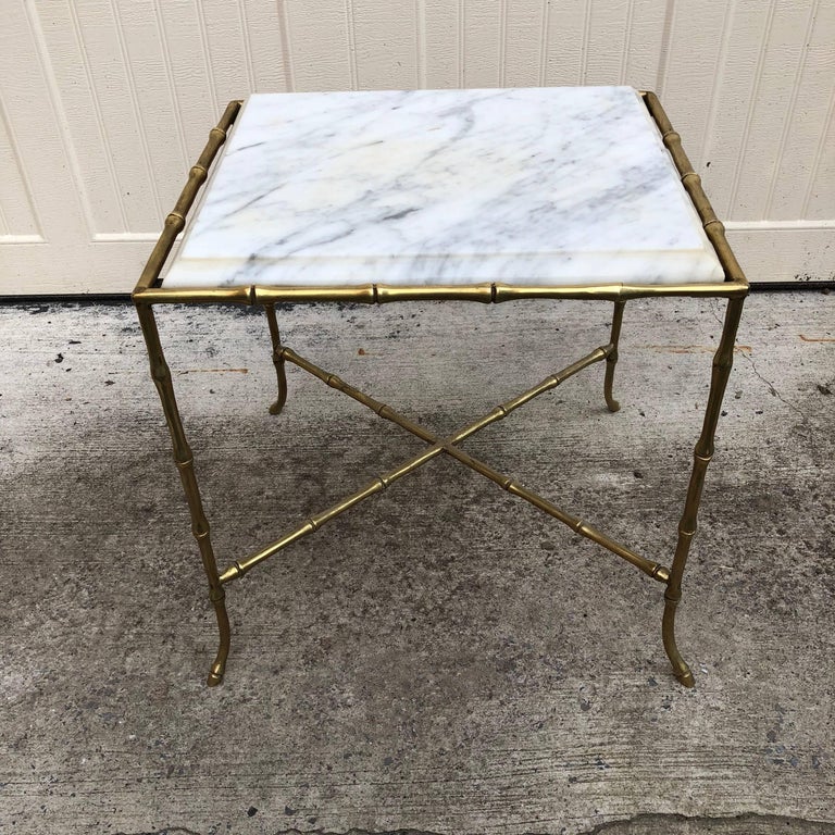Mid-Century Modern French Square Faux Bamboo Marble-Top And Brass Side Table For Sale