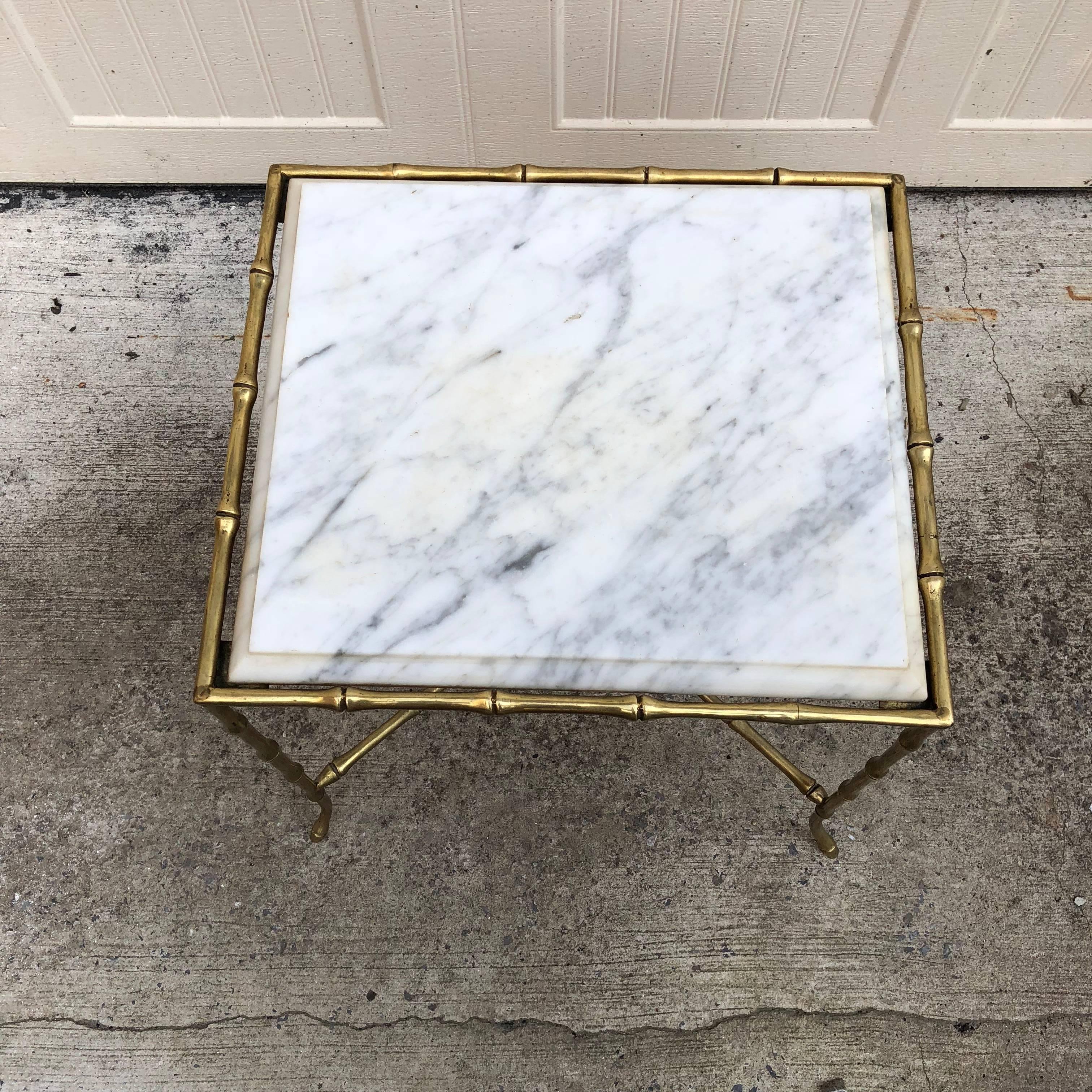 Mid-Century Modern French Square Faux Bamboo Marble-Top And Brass Side Table For Sale