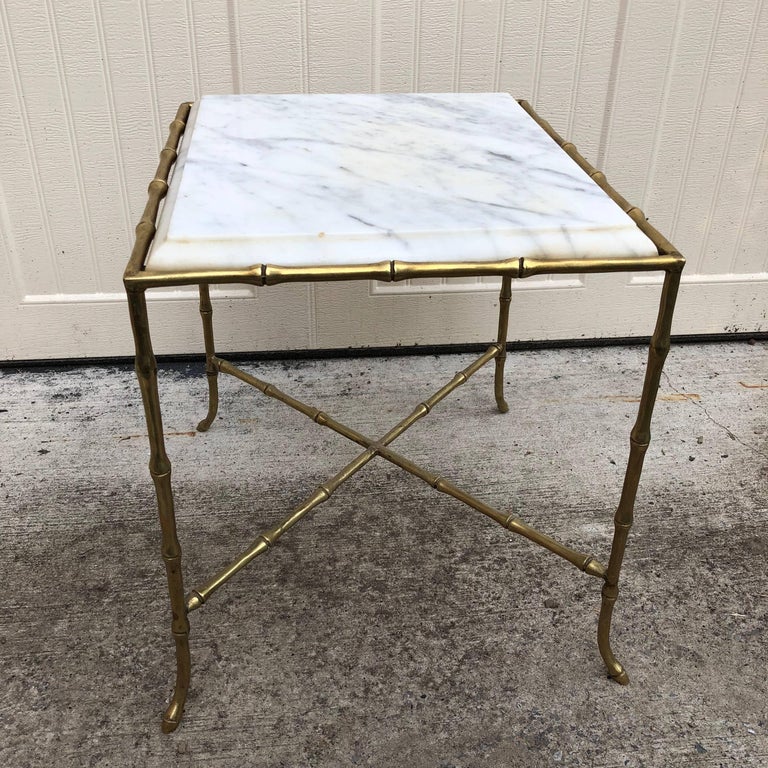 French Square Faux Bamboo Marble-Top And Brass Side Table For Sale 3