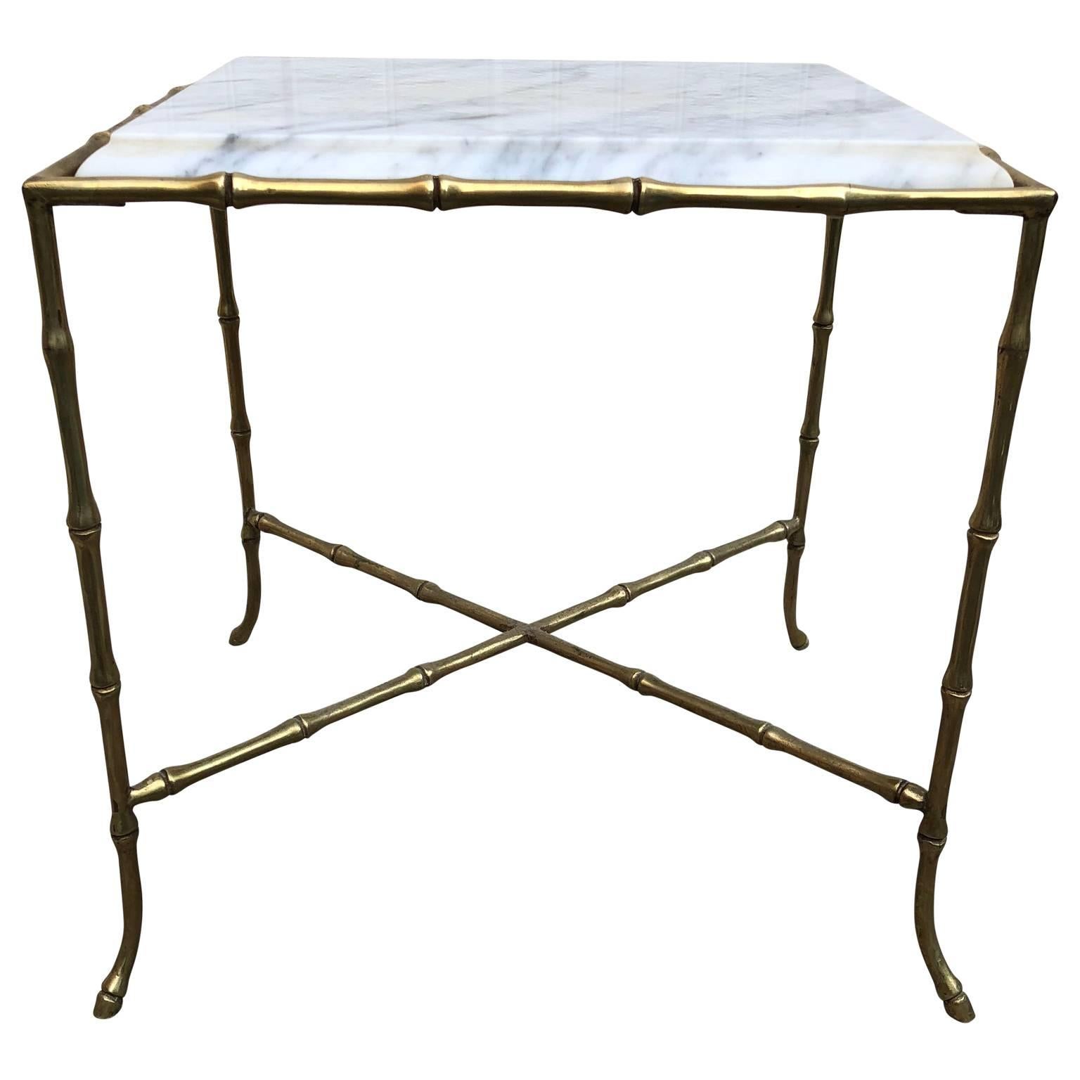 French Square Faux Bamboo Marble-Top And Brass Side Table