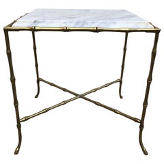 Vintage French Square Faux Bamboo Marble-Top And Brass Side Table