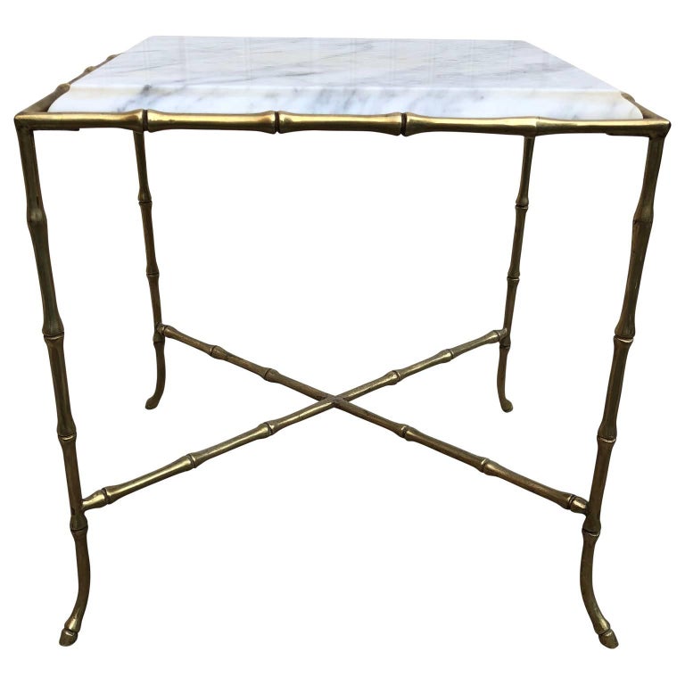 French Square Faux Bamboo Marble-Top And Brass Side Table For Sale