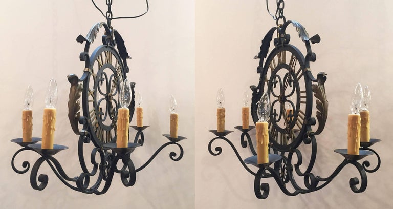 French Faux Clock Six-Light Hanging Fixture of Wrought Iron at 1stDibs