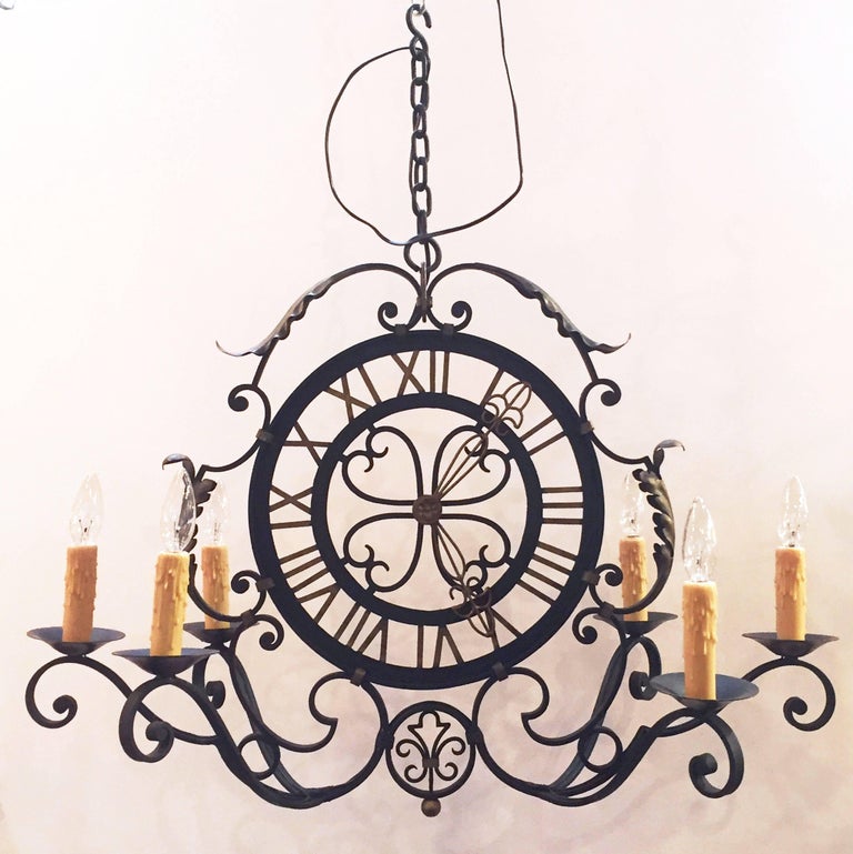 French Faux Clock SixLight Hanging Fixture of Wrought Iron at 1stDibs