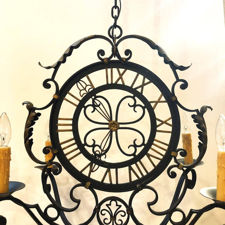 French Faux Clock SixLight Hanging Fixture of Wrought Iron at 1stDibs