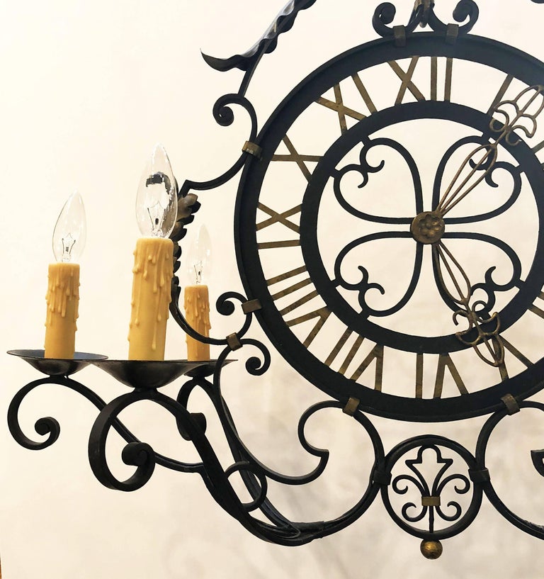French Faux Clock SixLight Hanging Fixture of Wrought Iron at 1stDibs