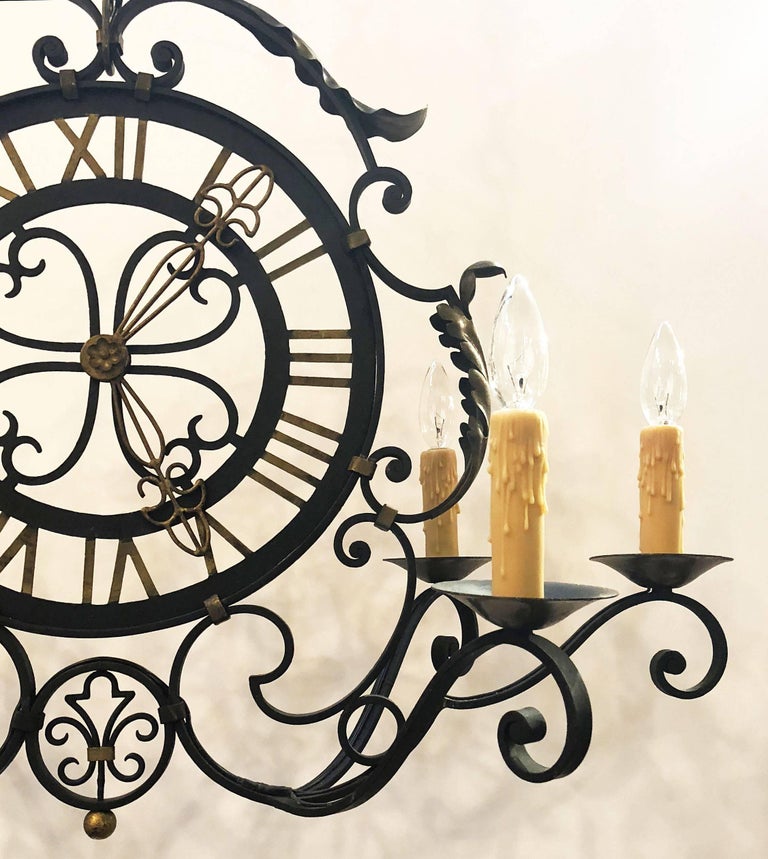 French Faux Clock SixLight Hanging Fixture of Wrought Iron at 1stDibs