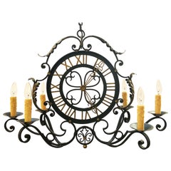 Vintage French Faux Clock Six-Light Hanging Fixture of Wrought Iron