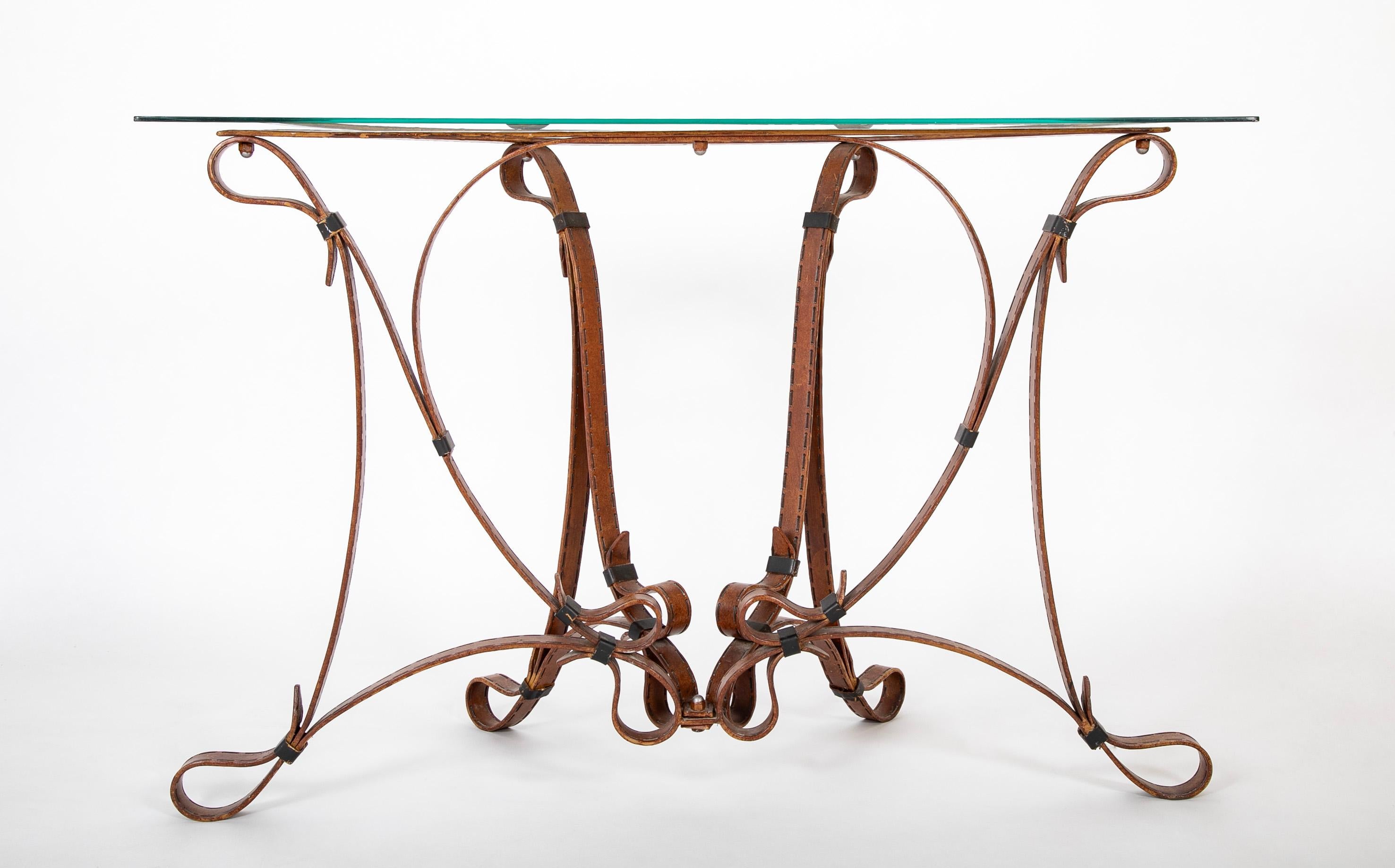 French Faux Leather Wrought Iron Console Table  For Sale 5