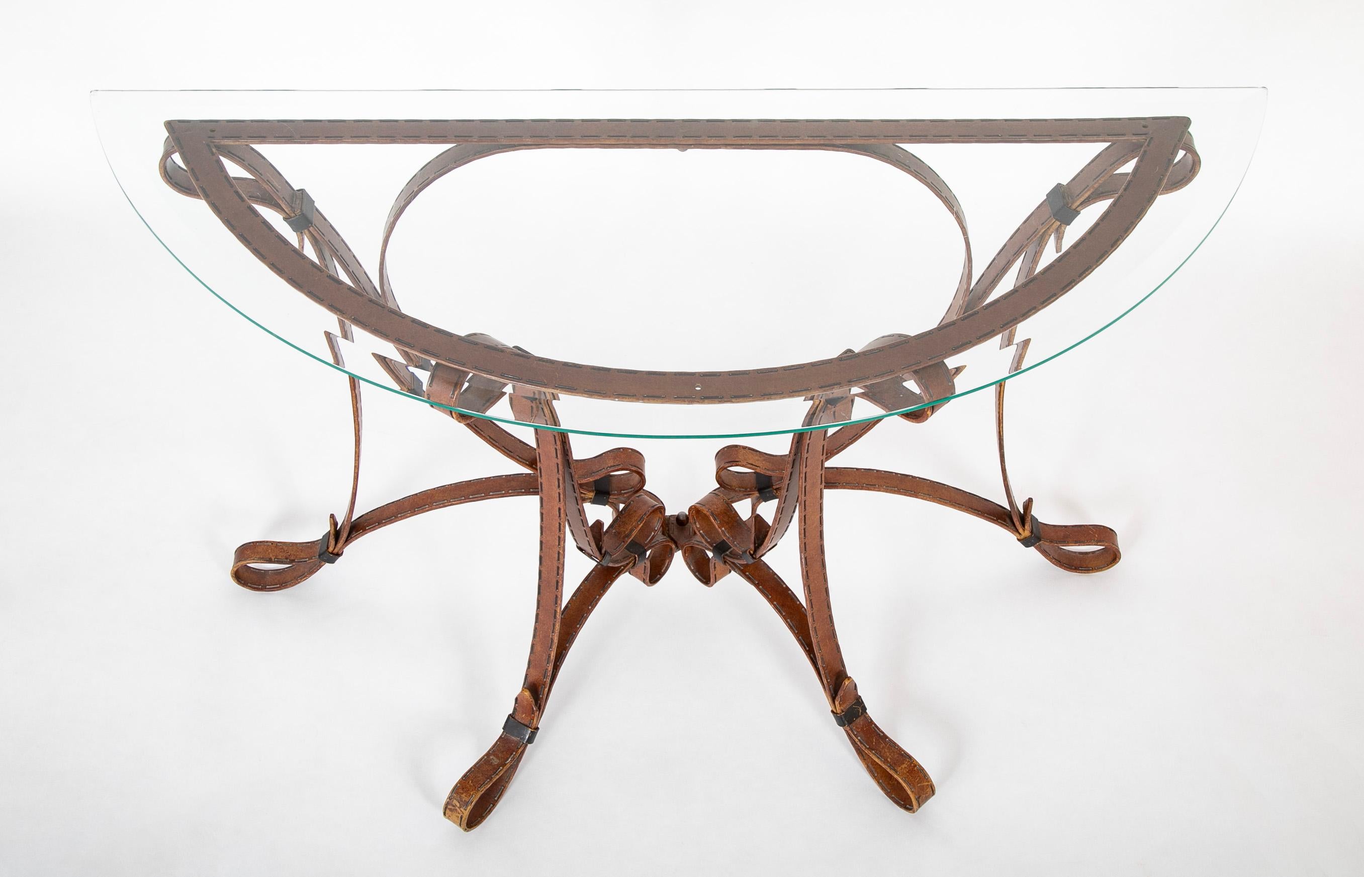 Mid-Century Modern French Faux Leather Wrought Iron Console Table  For Sale