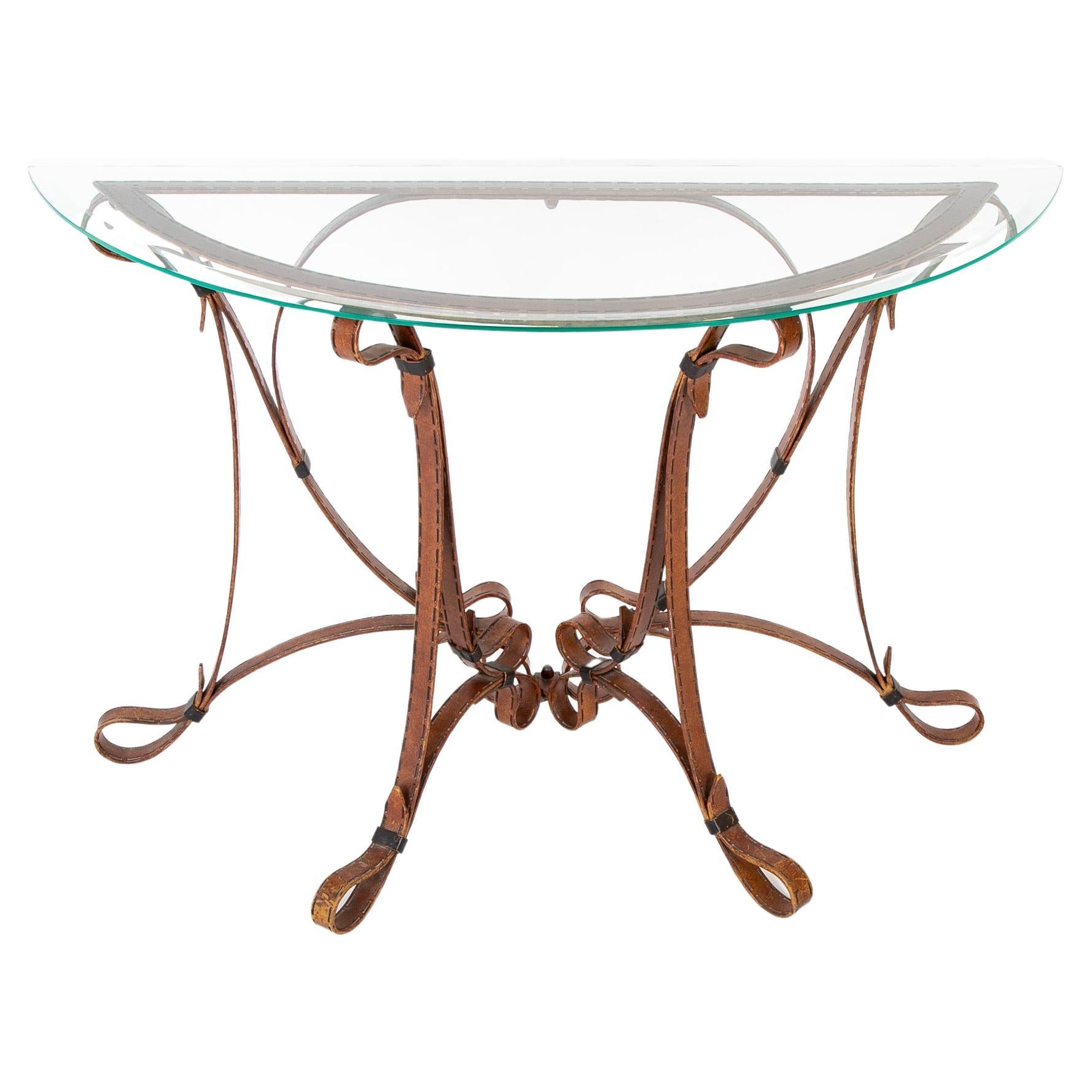 French Hermes Style Faux Leather Wrought Iron Console Table
