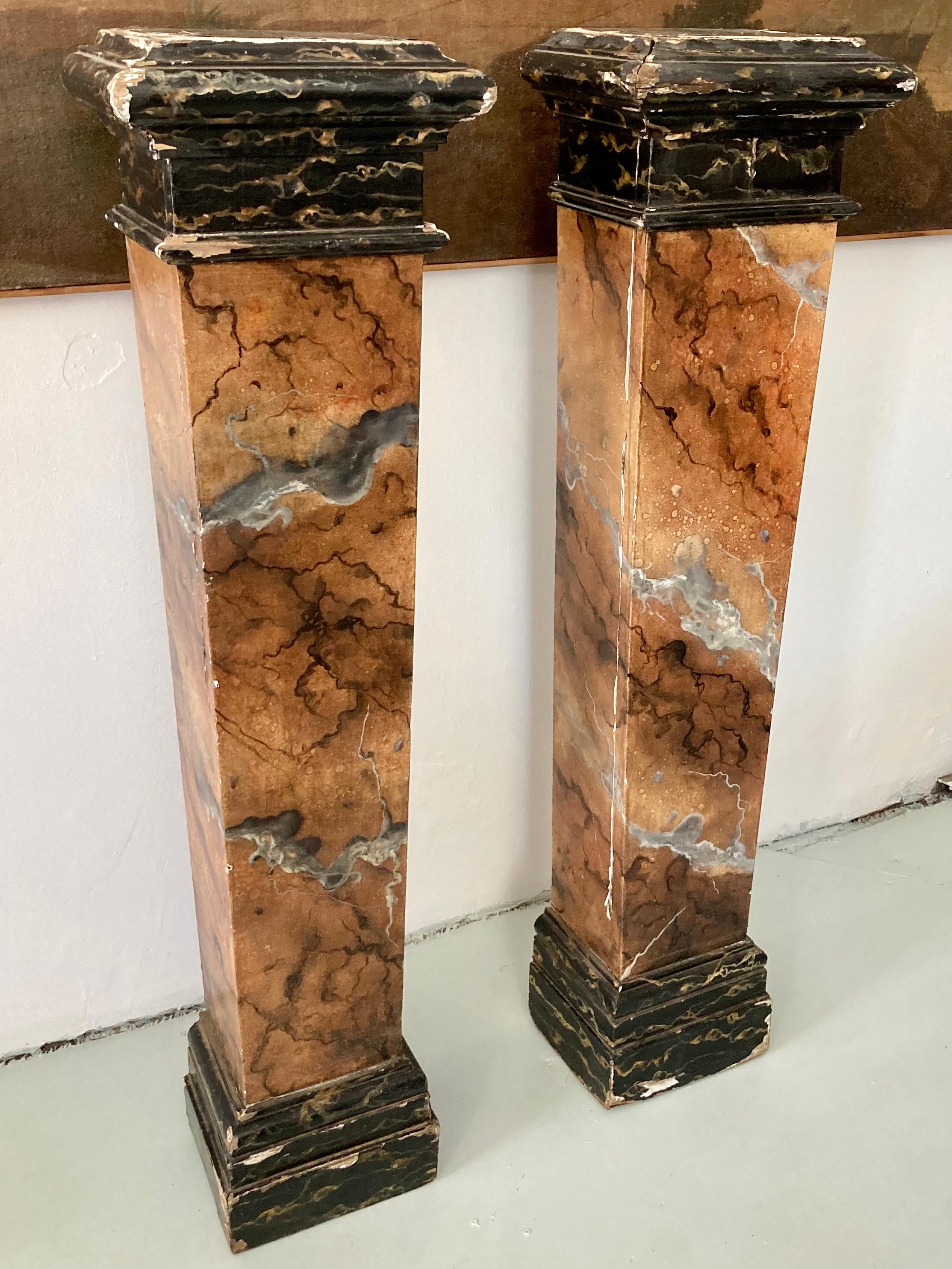 French Provincial French Faux Marble Wood Pedestals, a Pair For Sale