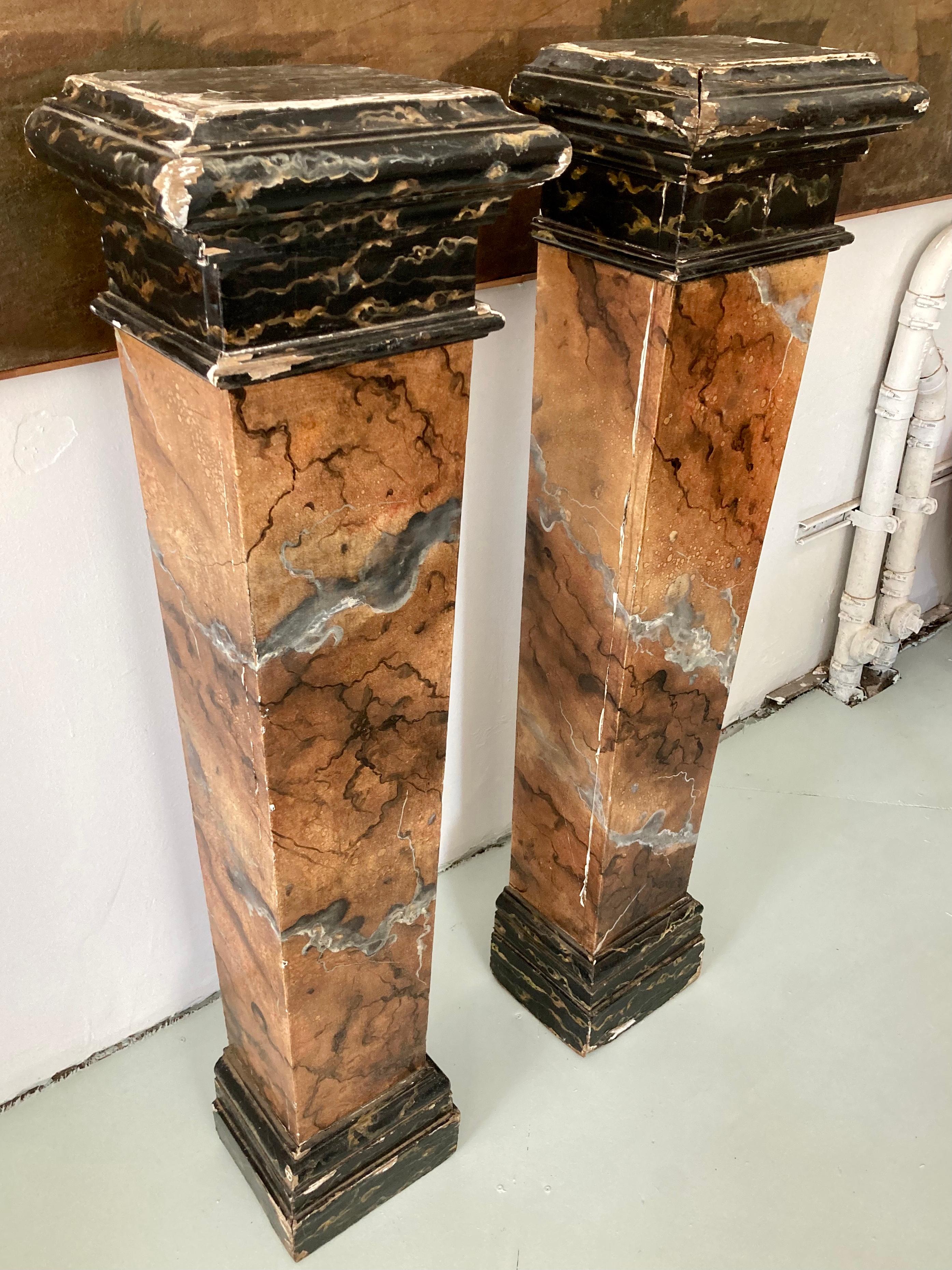 French Faux Marble Wood Pedestals, a Pair In Good Condition For Sale In Los Angeles, CA