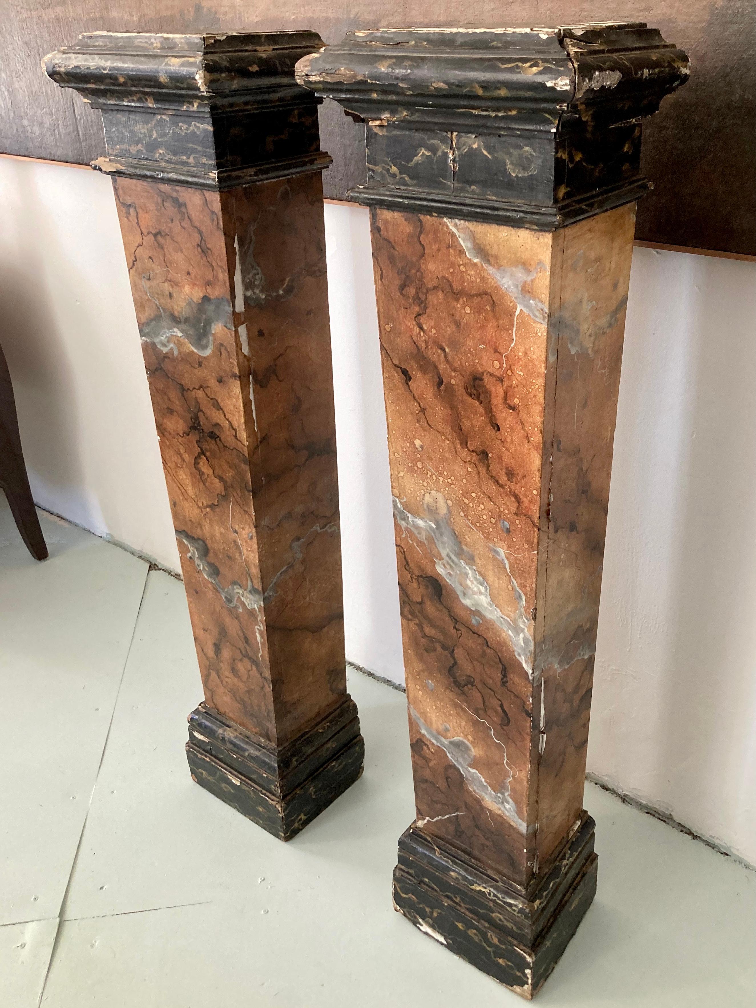 19th Century French Faux Marble Wood Pedestals, a Pair For Sale
