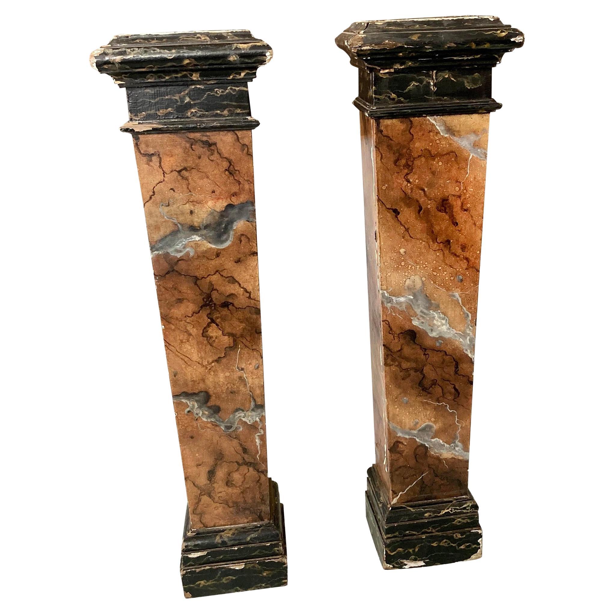 French Faux Marble Wood Pedestals, a Pair