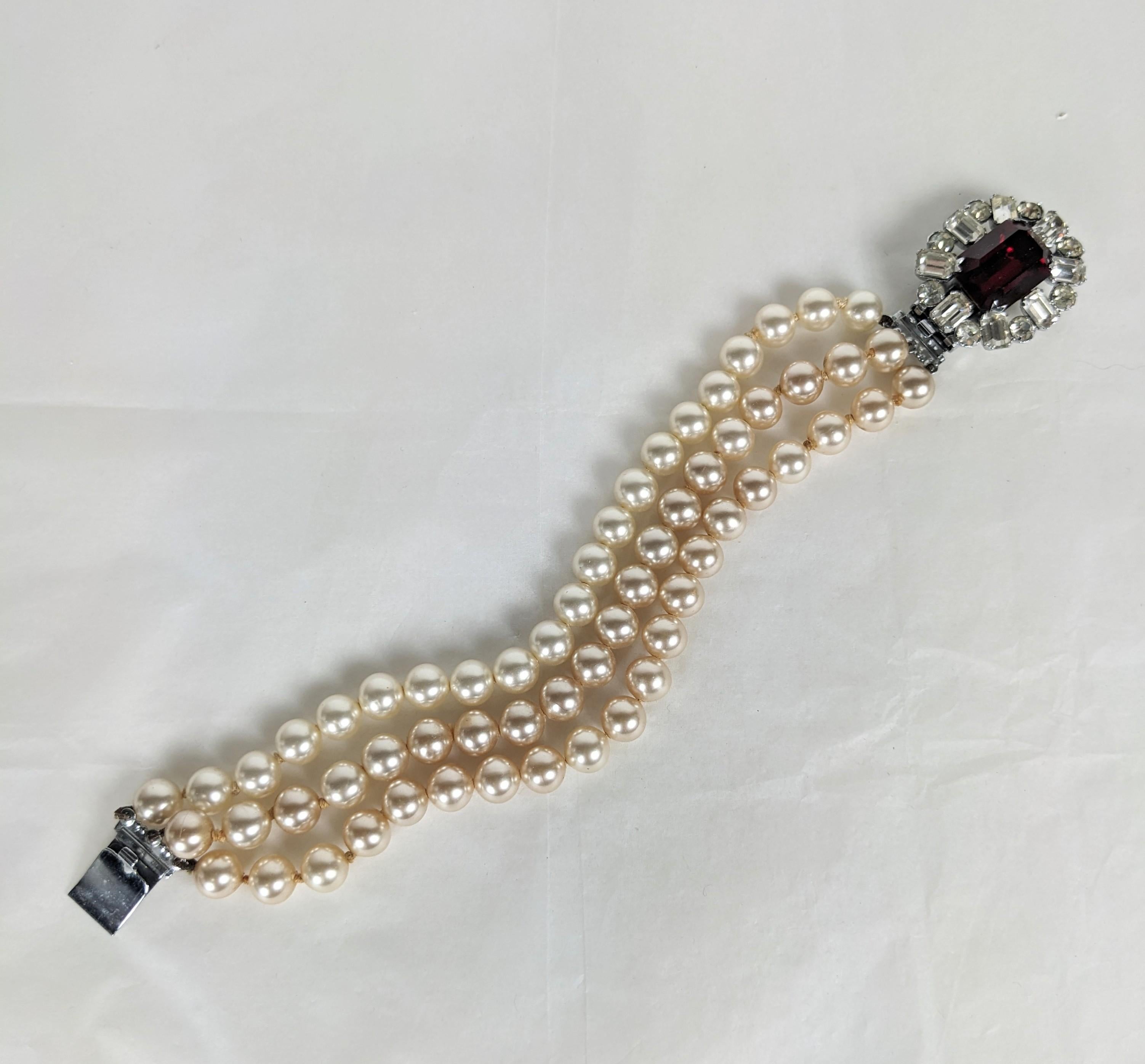 Artisan French Faux Pearl and Ruby Clasp Bracelet For Sale