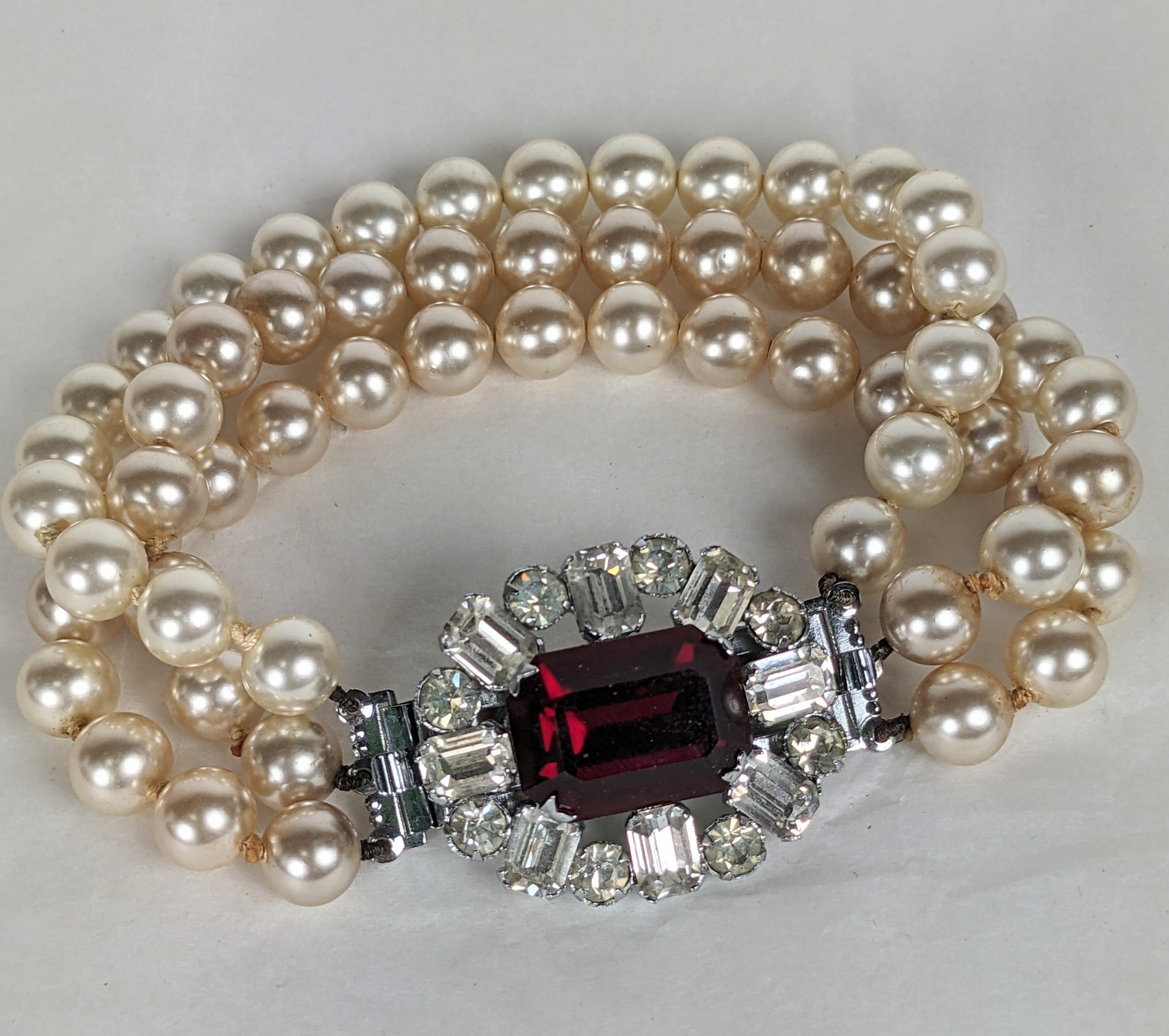 French Faux Pearl and Ruby Clasp Bracelet In Good Condition For Sale In New York, NY