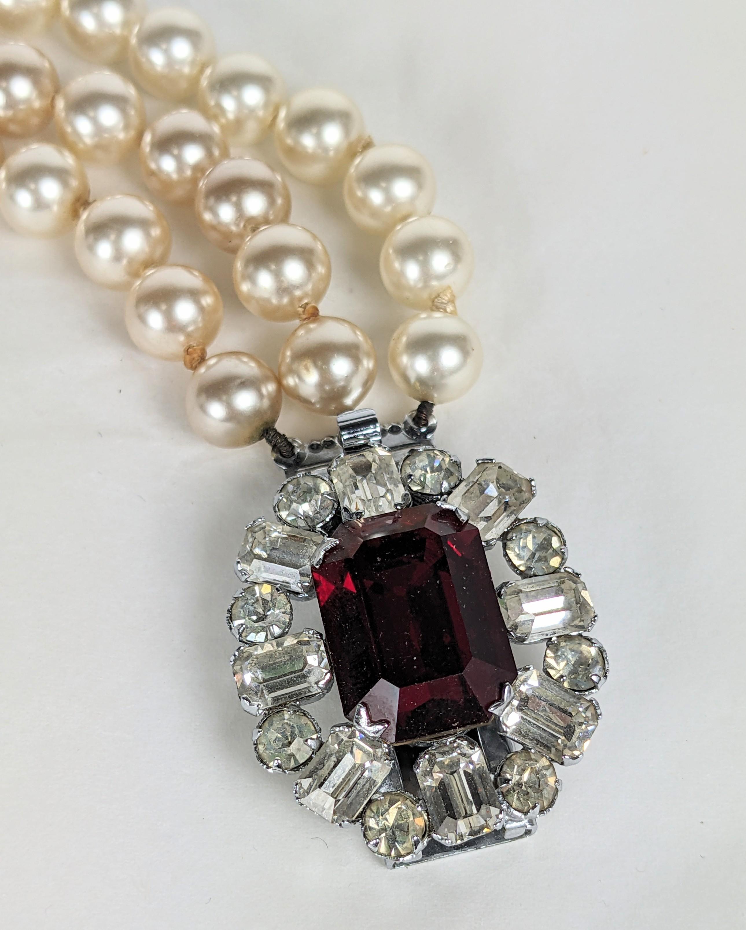 Women's or Men's French Faux Pearl and Ruby Clasp Bracelet For Sale