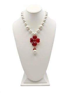 French Faux Pearl Red Clover "Pate de Verre" Necklace
