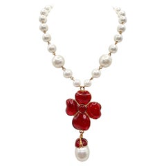 French Faux Pearl Red Clover "Pate de Verre" Necklace