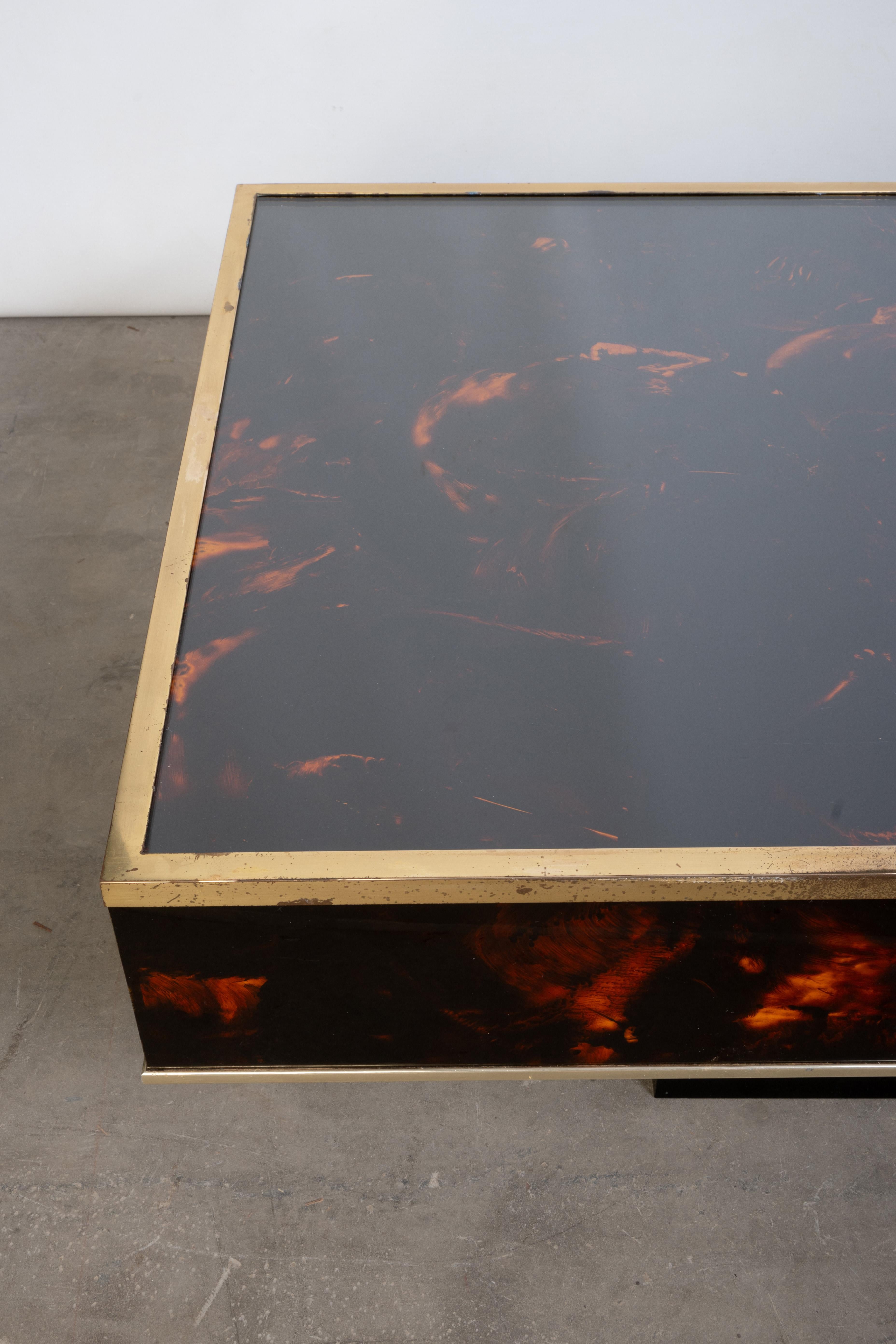 French Faux Tortoise Shell Lacquer & Brass Coffee Table J.C. Mahey C.1970 For Sale 7