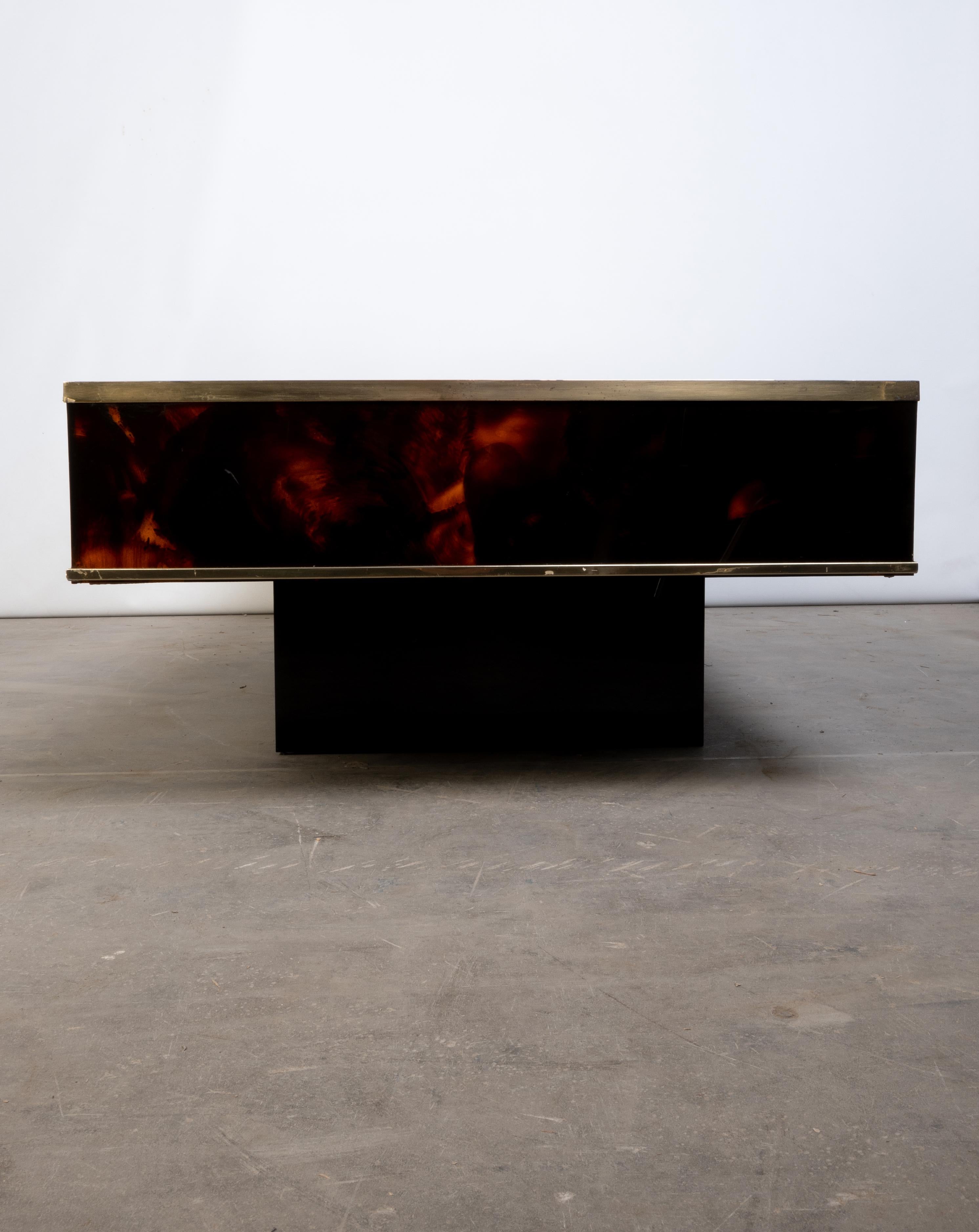 French Faux Tortoise Shell Lacquer & Brass Coffee Table J.C. Mahey C.1970 For Sale 9