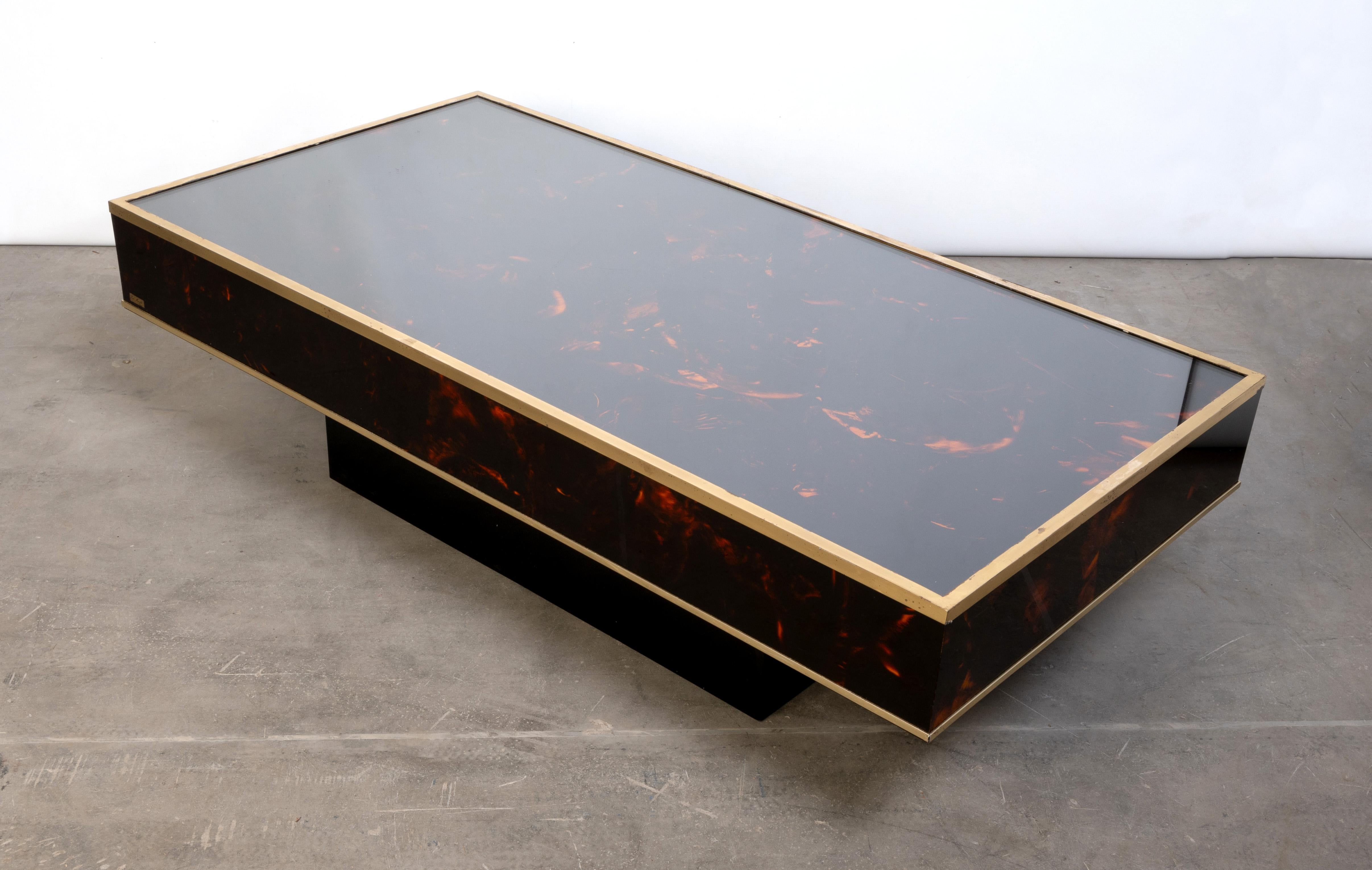 French Faux Tortoise Shell Lacquer & Brass Coffee Table J.C. Mahey C.1970 For Sale 10