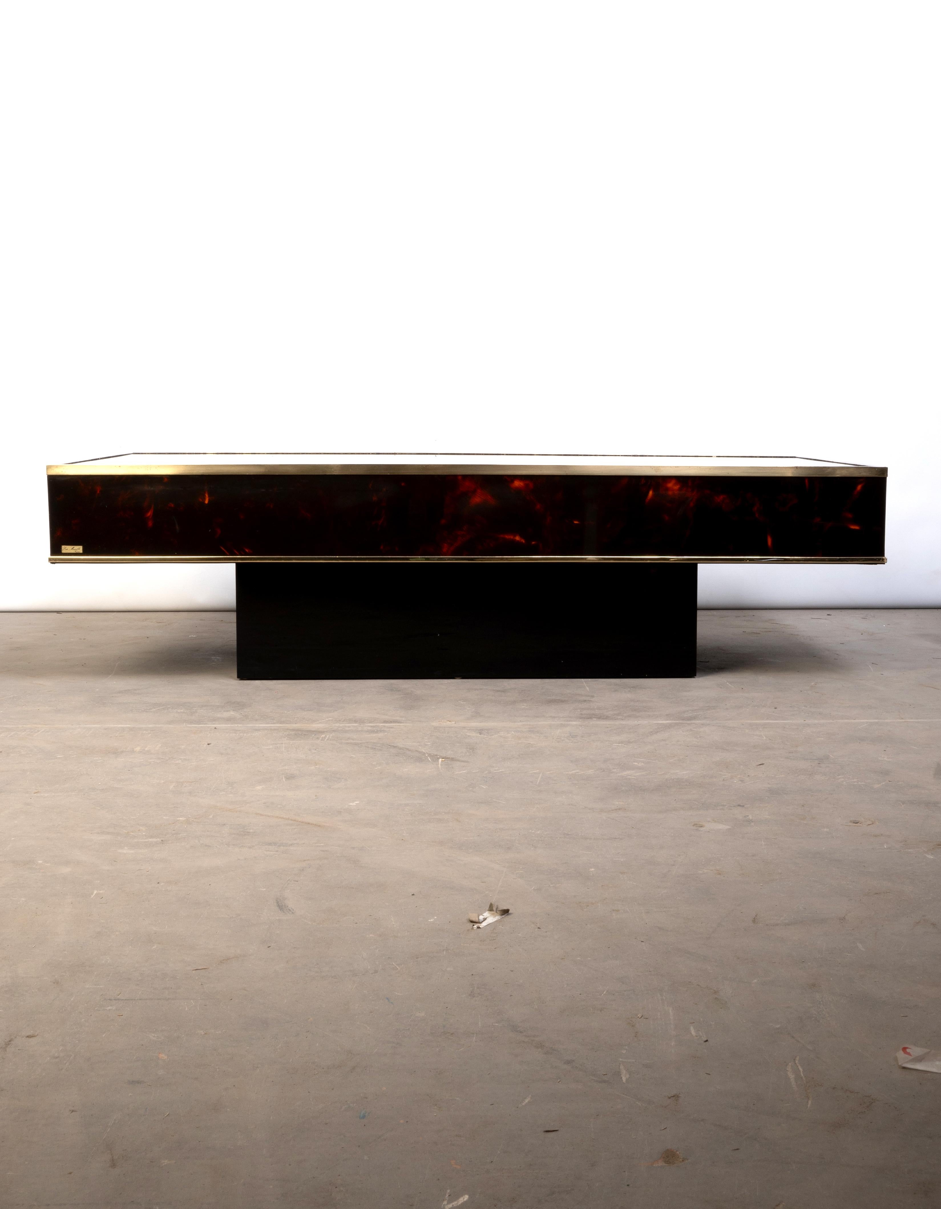 Post-Modern French Faux Tortoise Shell Lacquer & Brass Coffee Table J.C. Mahey C.1970 For Sale