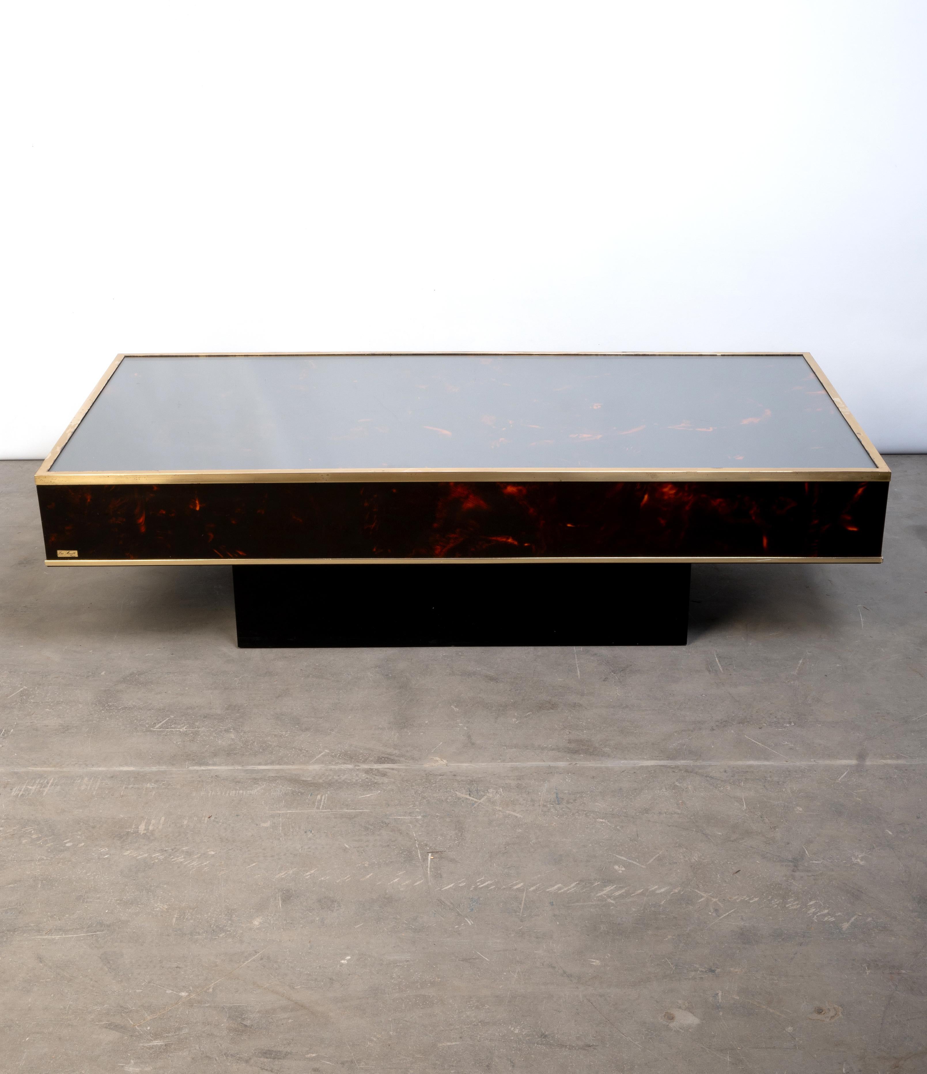 French Faux Tortoise Shell Lacquer & Brass Coffee Table J.C. Mahey C.1970 In Good Condition For Sale In London, GB
