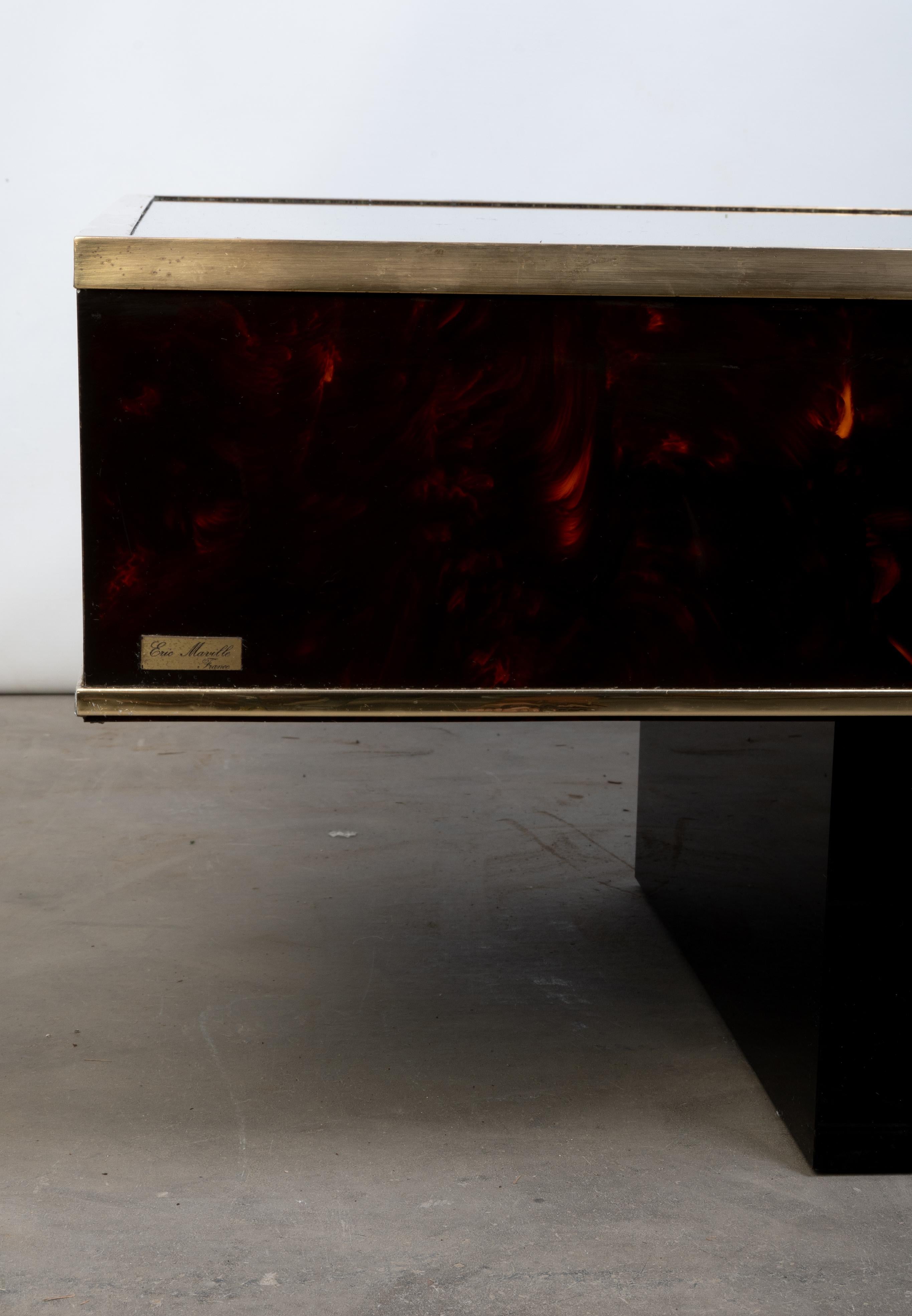 Late 20th Century French Faux Tortoise Shell Lacquer & Brass Coffee Table J.C. Mahey C.1970 For Sale