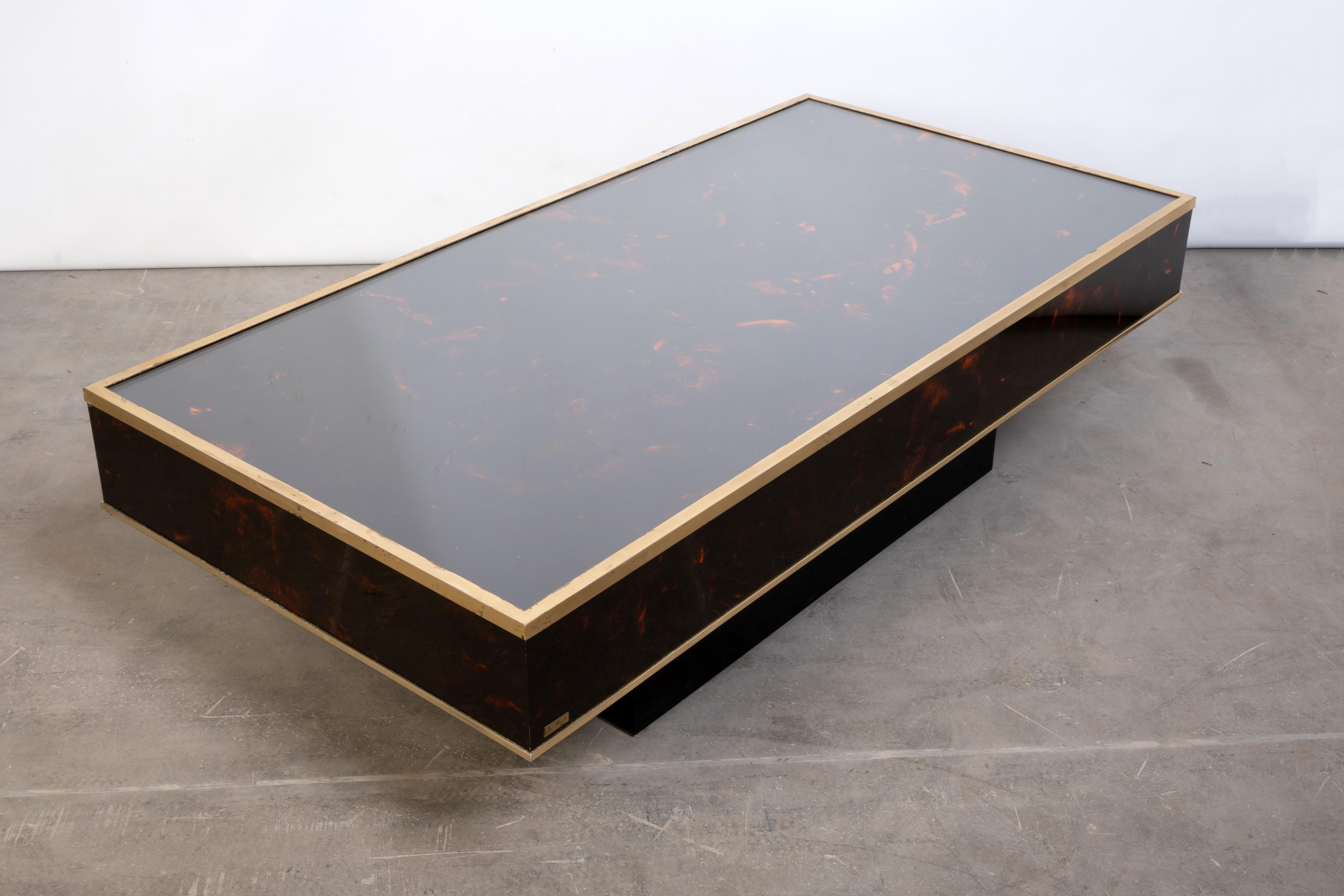 French Faux Tortoise Shell Lacquer & Brass Coffee Table J.C. Mahey C.1970 For Sale 1