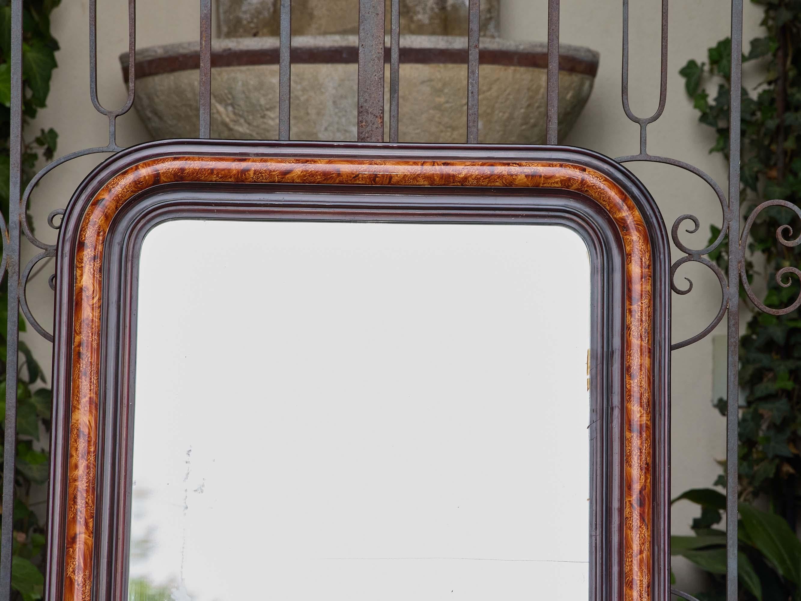 Louis Philippe French Faux Tortoiseshell and Ebonized Mirror with Rounded Corners, circa 1920 For Sale