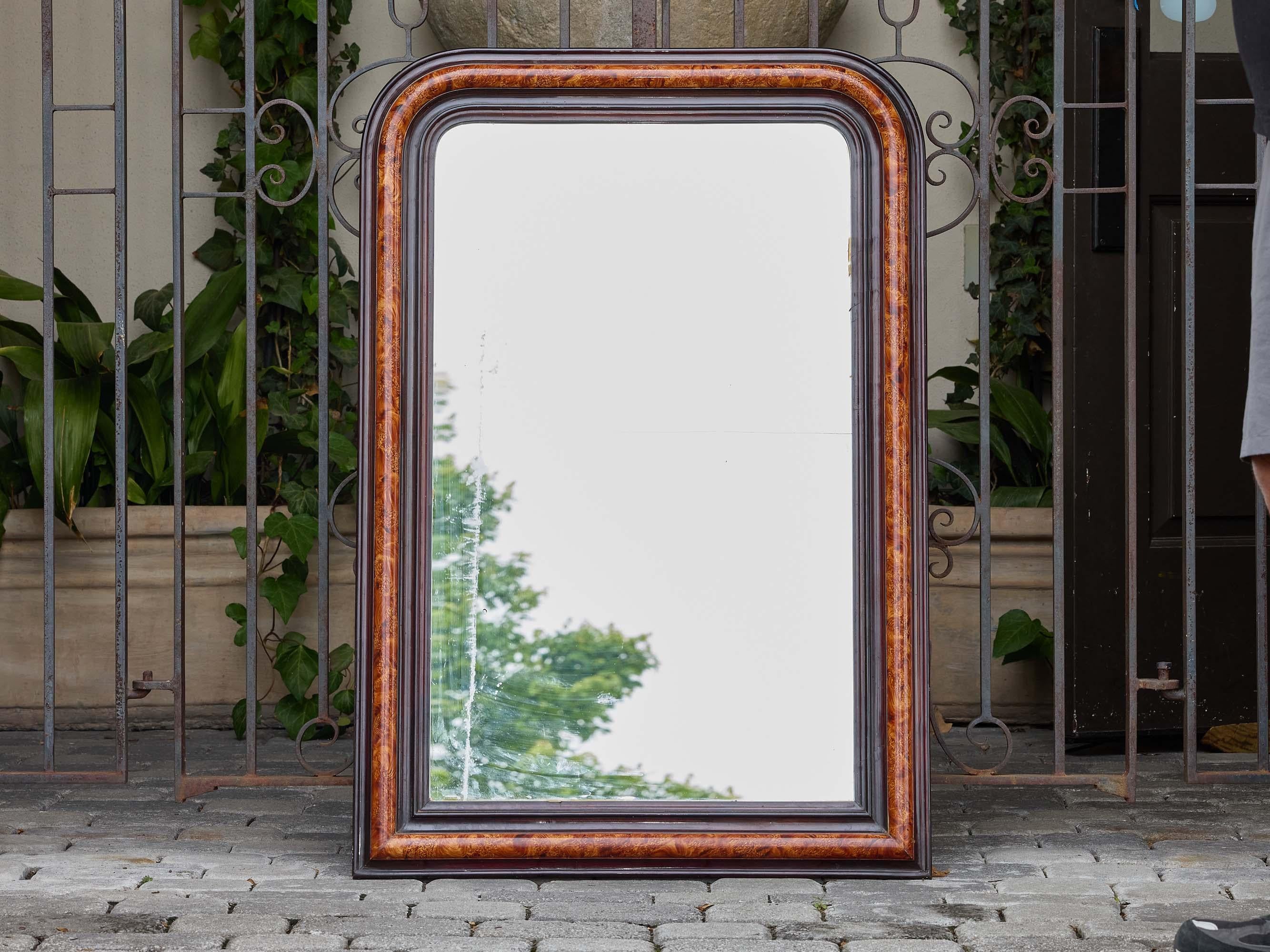 French Faux Tortoiseshell and Ebonized Mirror with Rounded Corners, circa 1920 For Sale 3
