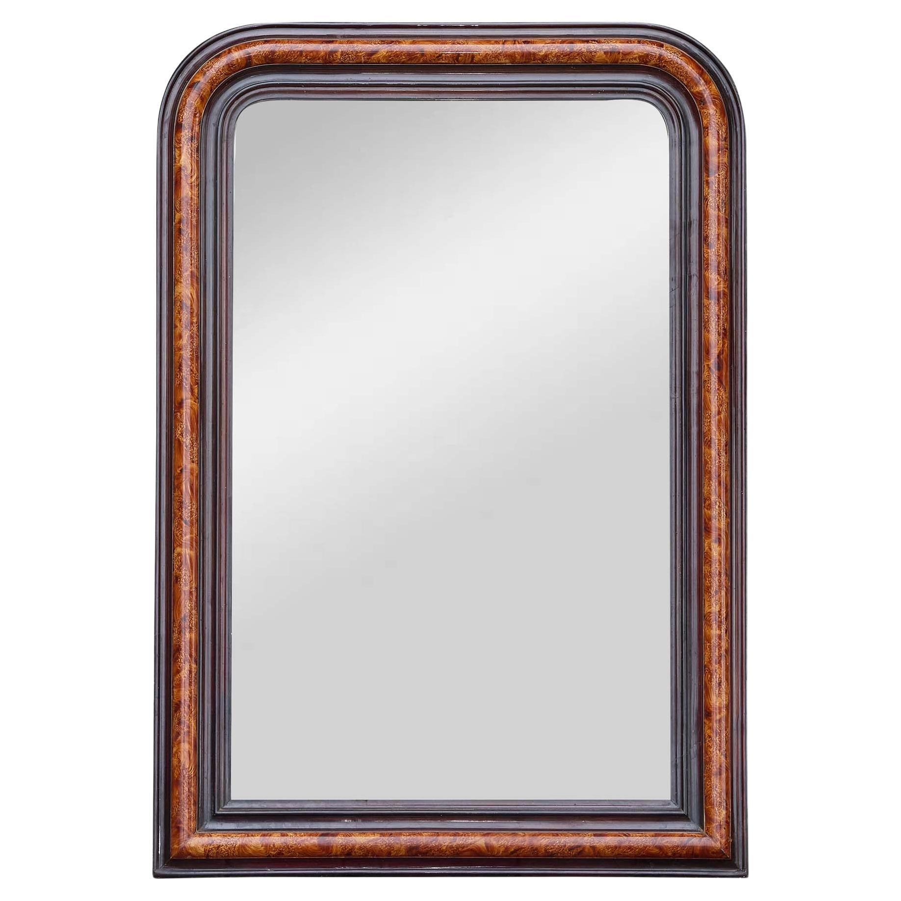 French Faux Tortoiseshell and Ebonized Mirror with Rounded Corners, circa 1920 For Sale