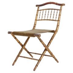 French Faux‑Bamboo Folding Chair in Gilded Wood and Green Fabric, France ca. 185