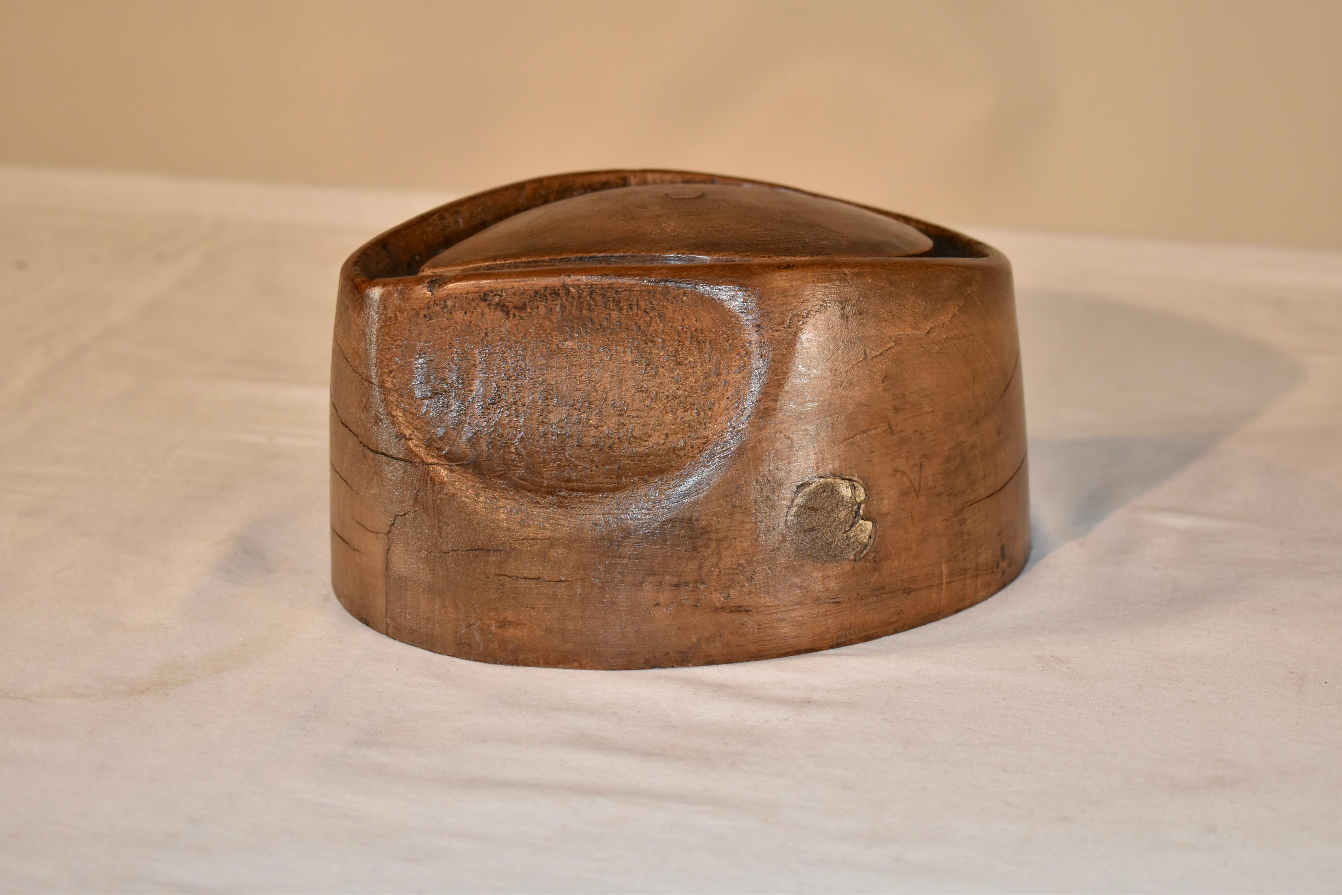 Circa 1900 French fedora hat form made from sycamore.  The fedora was first introduced in the 1890's by a French hat maker named Victorien Sardou.  It was named after the title character in Sardou's play 