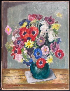 Mid 20th Century French Impressionist Signed Oil Colorful Flowers in Vase