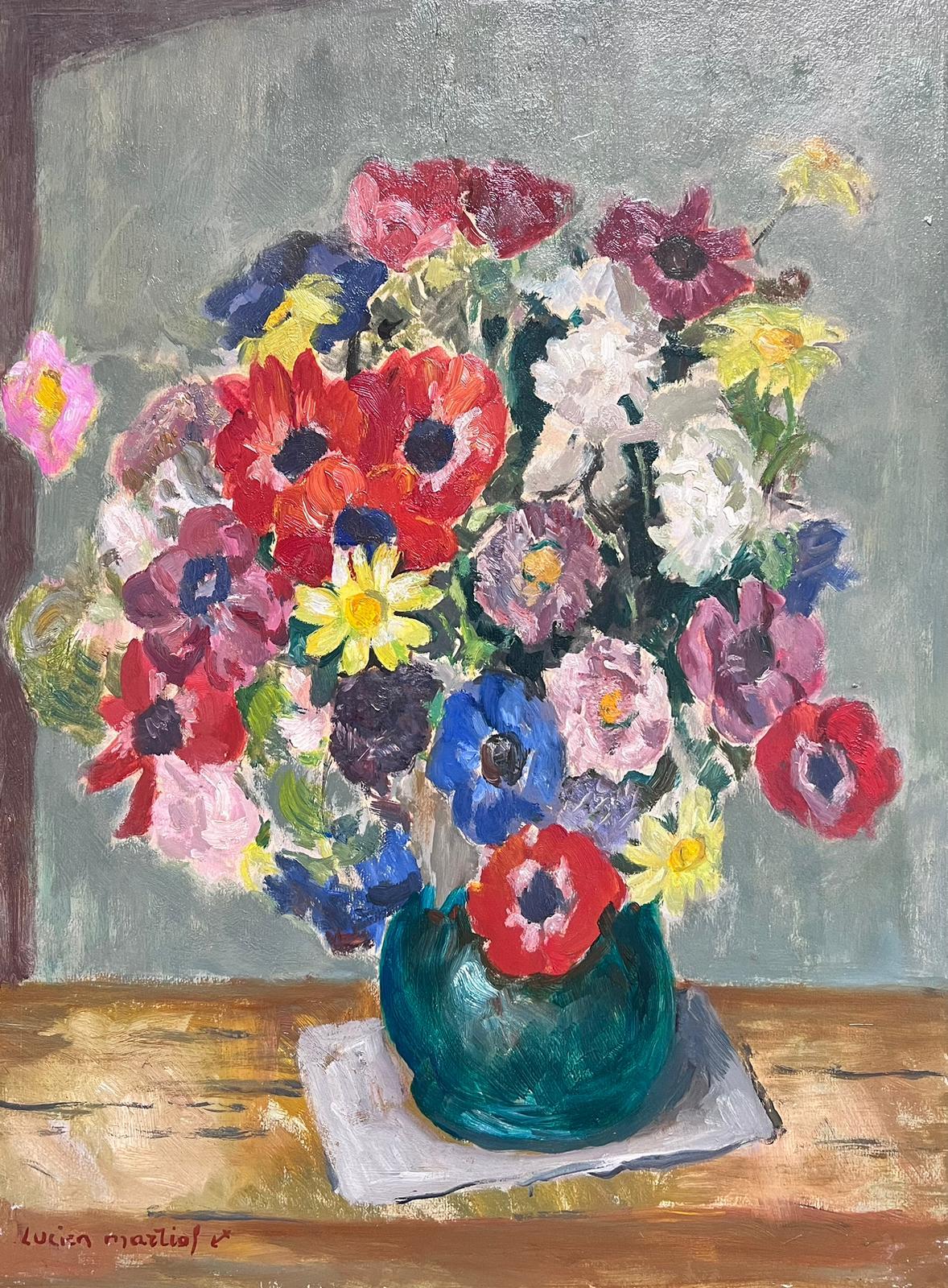 French Female Artist 1950's Interior Painting - Mid 20th Century French Impressionist Signed Oil Colorful Flowers in Vase