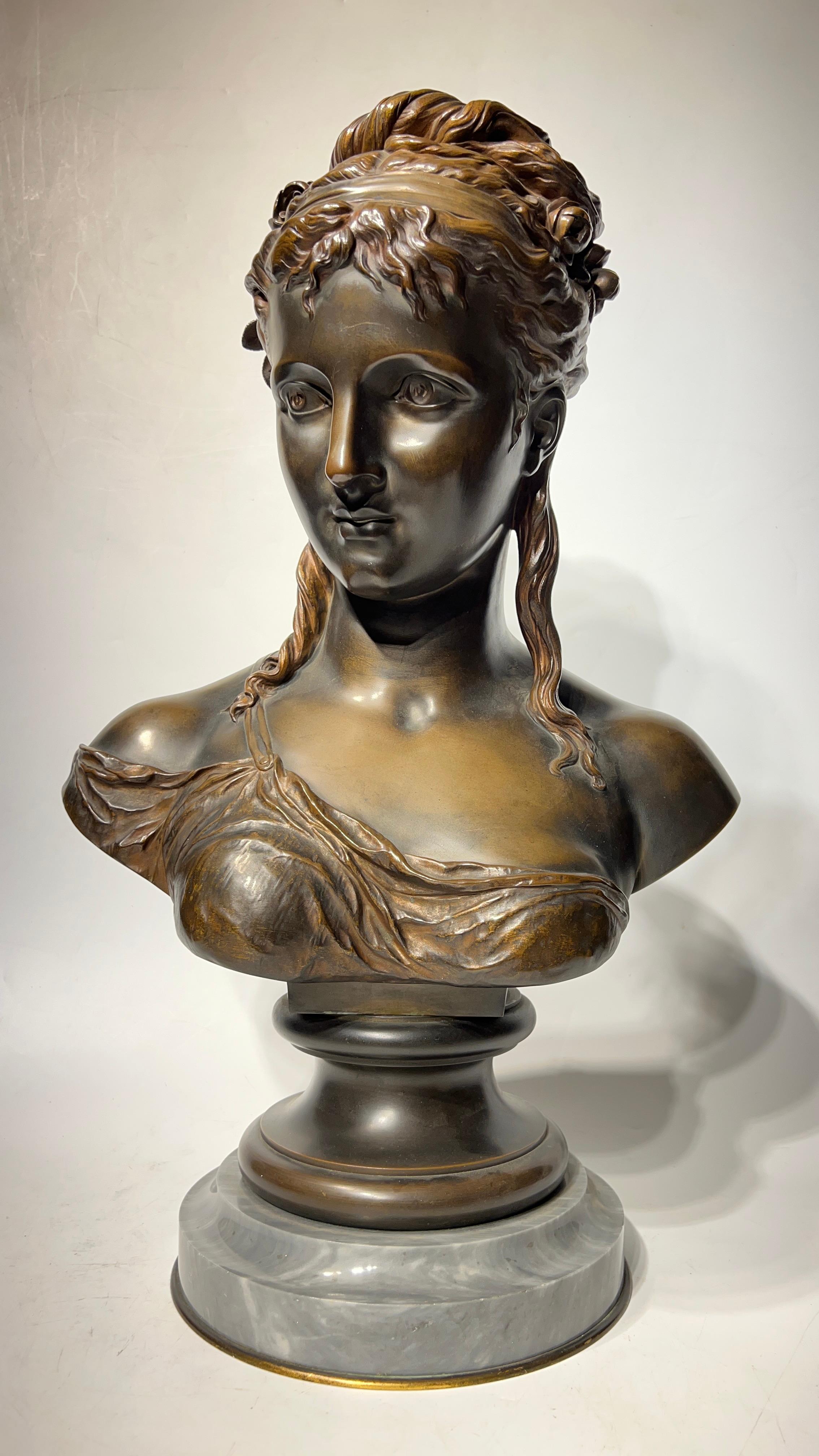Neoclassical French Female Bronze Bust After Etienne Henri Dumaige For Sale